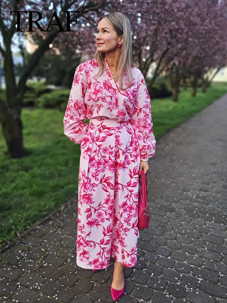 TRAF 2024 Woman Pink Floral Printed Casual Loose Skirt Women Chic A Line High Waist Long Skirt Y2K Streetwear For Beach Holiday