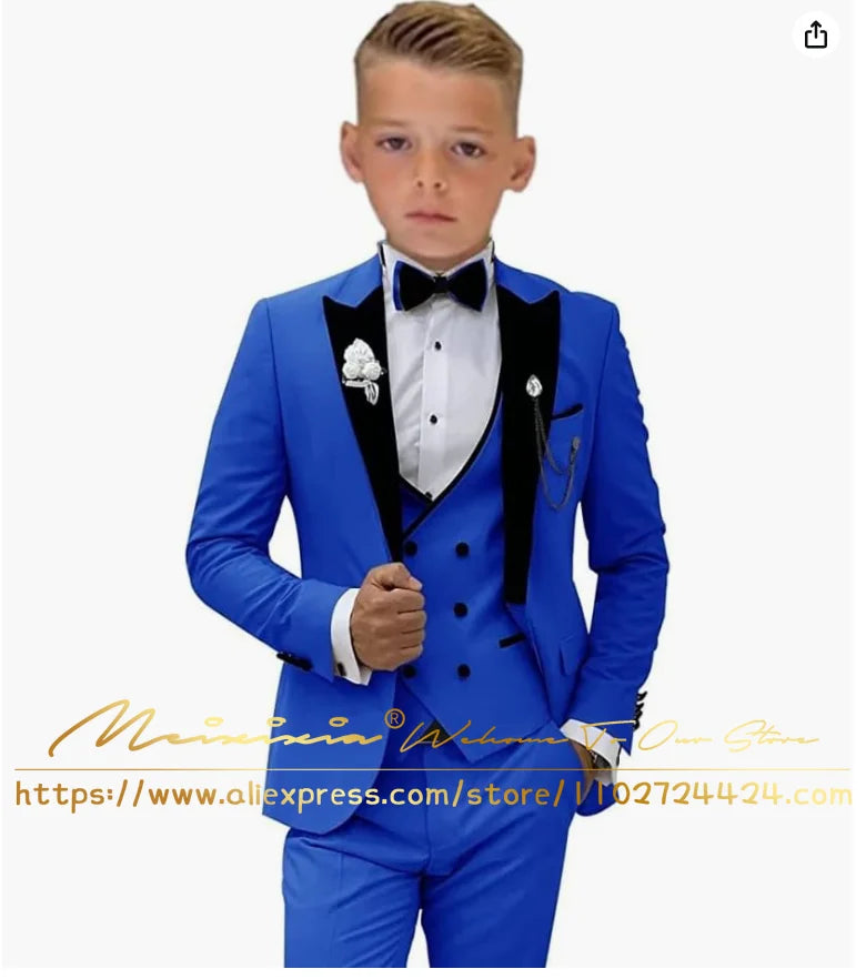White Boys’ 3-Piece Formal Wedding Tuxedo Suit – Jacket, Vest & Pants Set (Ages 2–16, Custom Sizes Available)