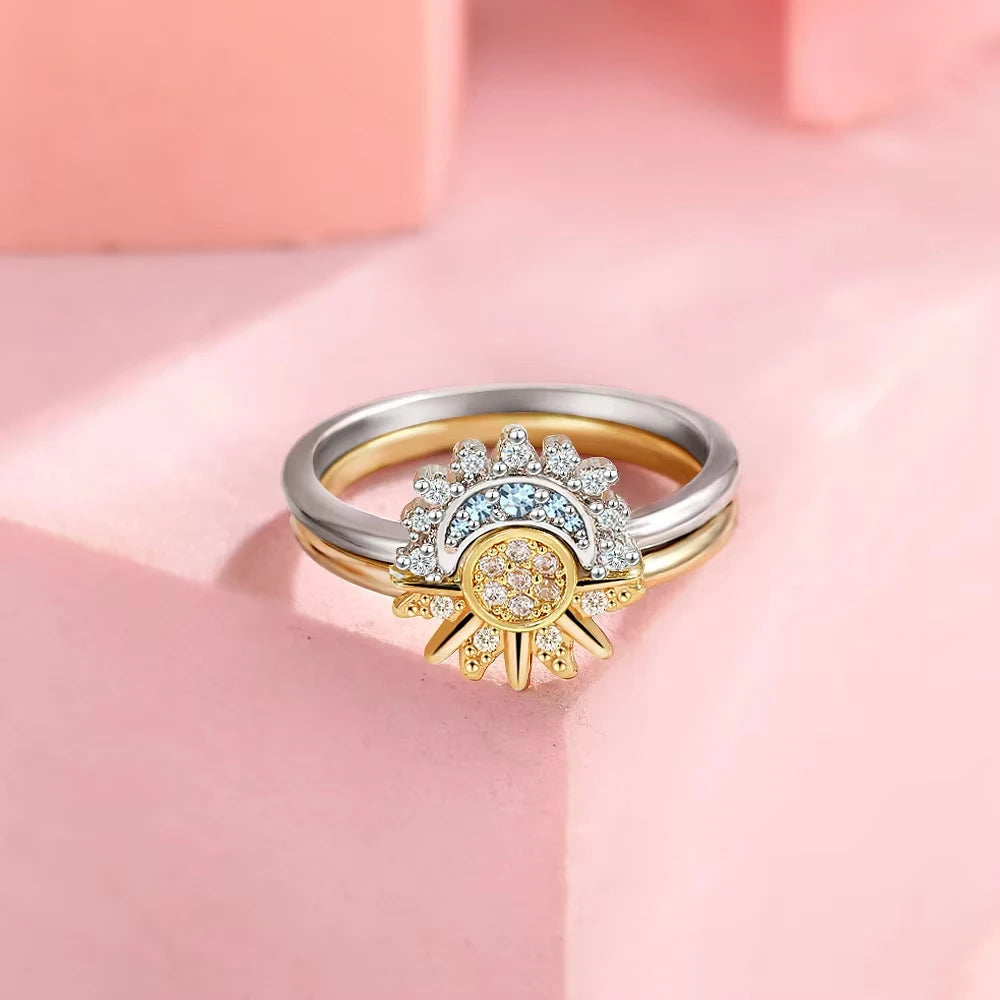 Unisex 925 Sterling Silver Sun & Moon Couple Ring Set — Sky Blue Cubic Zirconia Jewelry — view 9 of jewelry