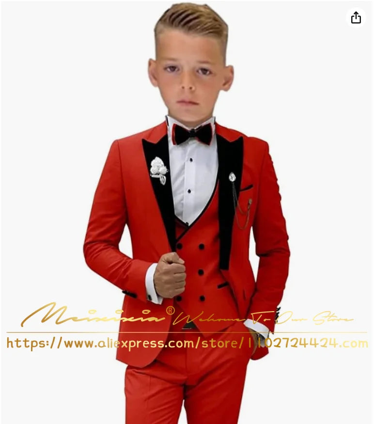 White Boys’ 3-Piece Formal Wedding Tuxedo Suit – Jacket, Vest & Pants Set (Ages 2–16, Custom Sizes Available)