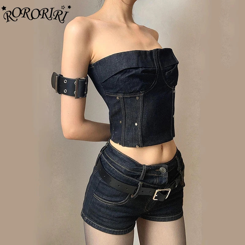 Steampunk Studded Corset Top & Denim Shorts – Women’s 2-Piece Y2K Streetwear Set