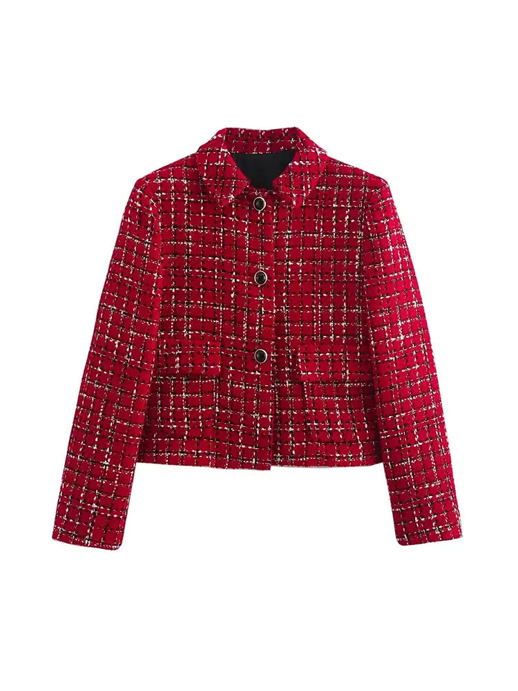 TRAFZA Women’s Red Knit Skirt Suit – Textured Lapel Jacket & High-Waist Side-Zip Culottes Set