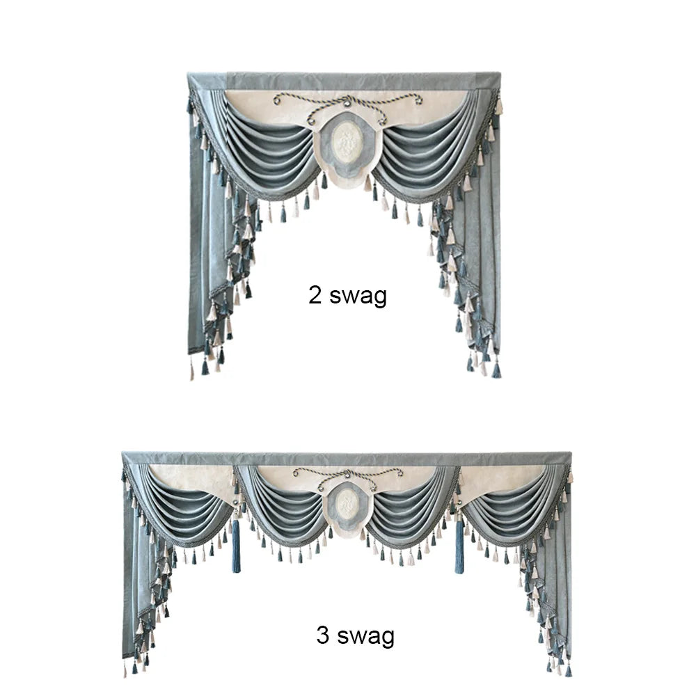 Europe Luxury Blue Swag Waterfall Valance With Tassel Beads Fringe Trim for Living Room Curtain Head Home Drapes #D