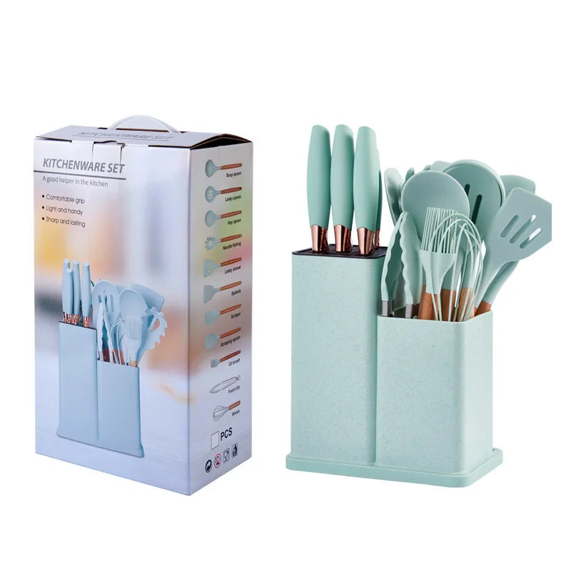 Silicone Kitchenware Set of 19 Kitchenware Tools Storage Barrel Stainless Steel Handle Knife Set Kitchen Knife Set