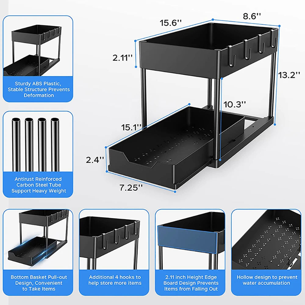 2-Tier Sliding Cabinet Basket Organizer – Under Sink Storage Rack with Hooks & Hanging Cup, Black