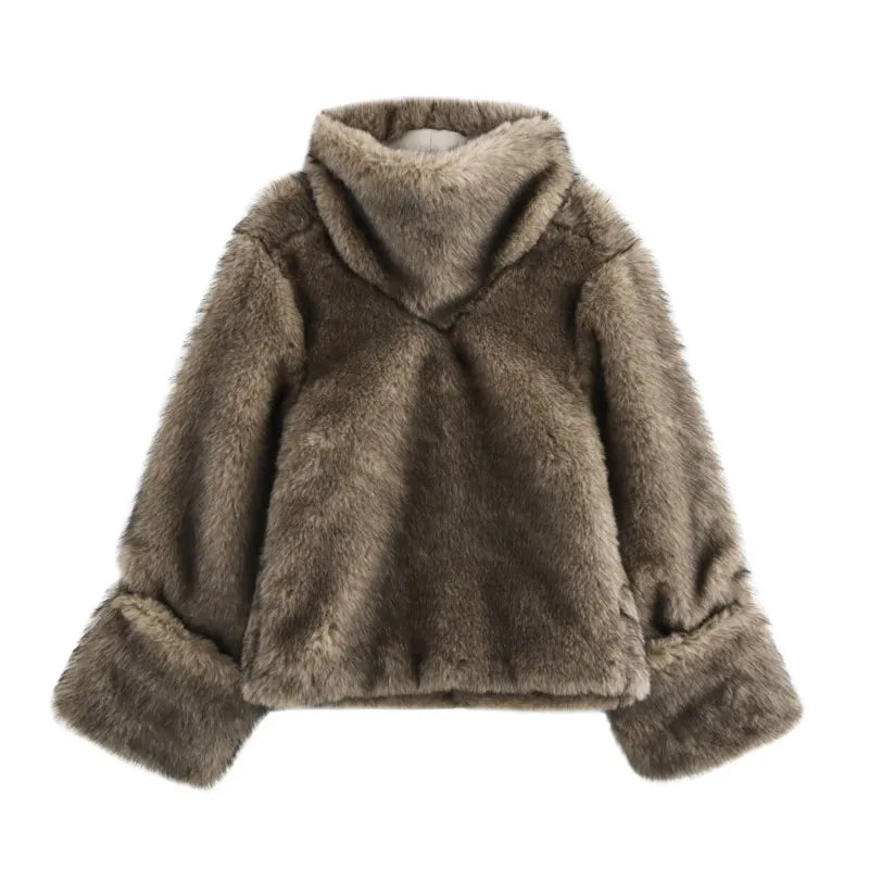 TRAF Women's Faux Fur Hoodie – Soft Vintage Pullover for Autumn Comfort