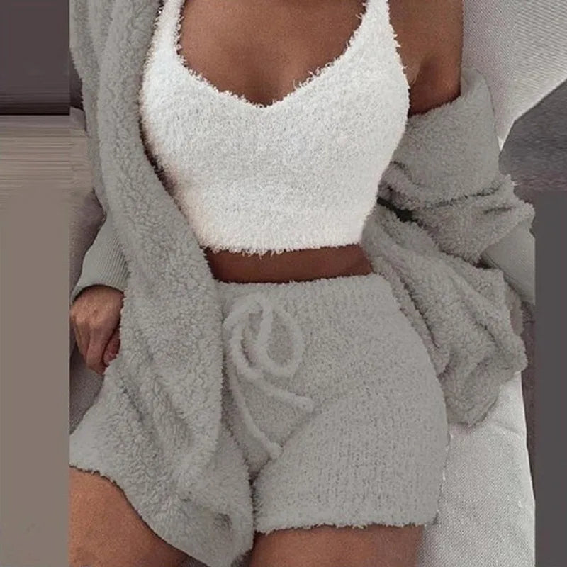 Autumn Winter New Velvet Pajamas 3 Pieces Sets For Womens Warm Soft Fleece Pyjamas Nightgown Sleepwear Homewear