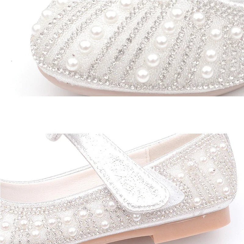 Flower Girls' White Wedding Shoes – Elegant Pointed Toe Princess Dress Shoes with Pearls & Shine