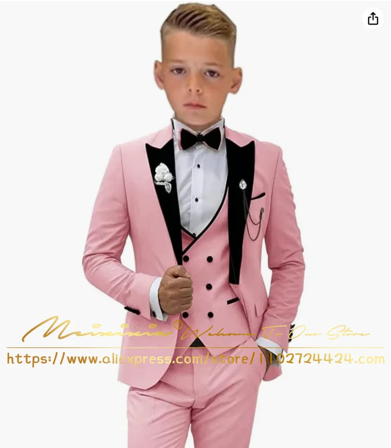 White Boys’ 3-Piece Formal Wedding Tuxedo Suit – Jacket, Vest & Pants Set (Ages 2–16, Custom Sizes Available)