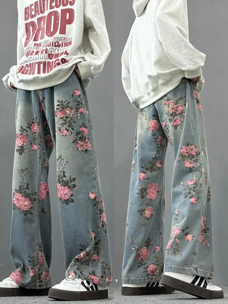 Floral-Print Wide-Leg Jeans — Mid-Rise Summer Straight-Leg Floor-Length Denim — variant view 5