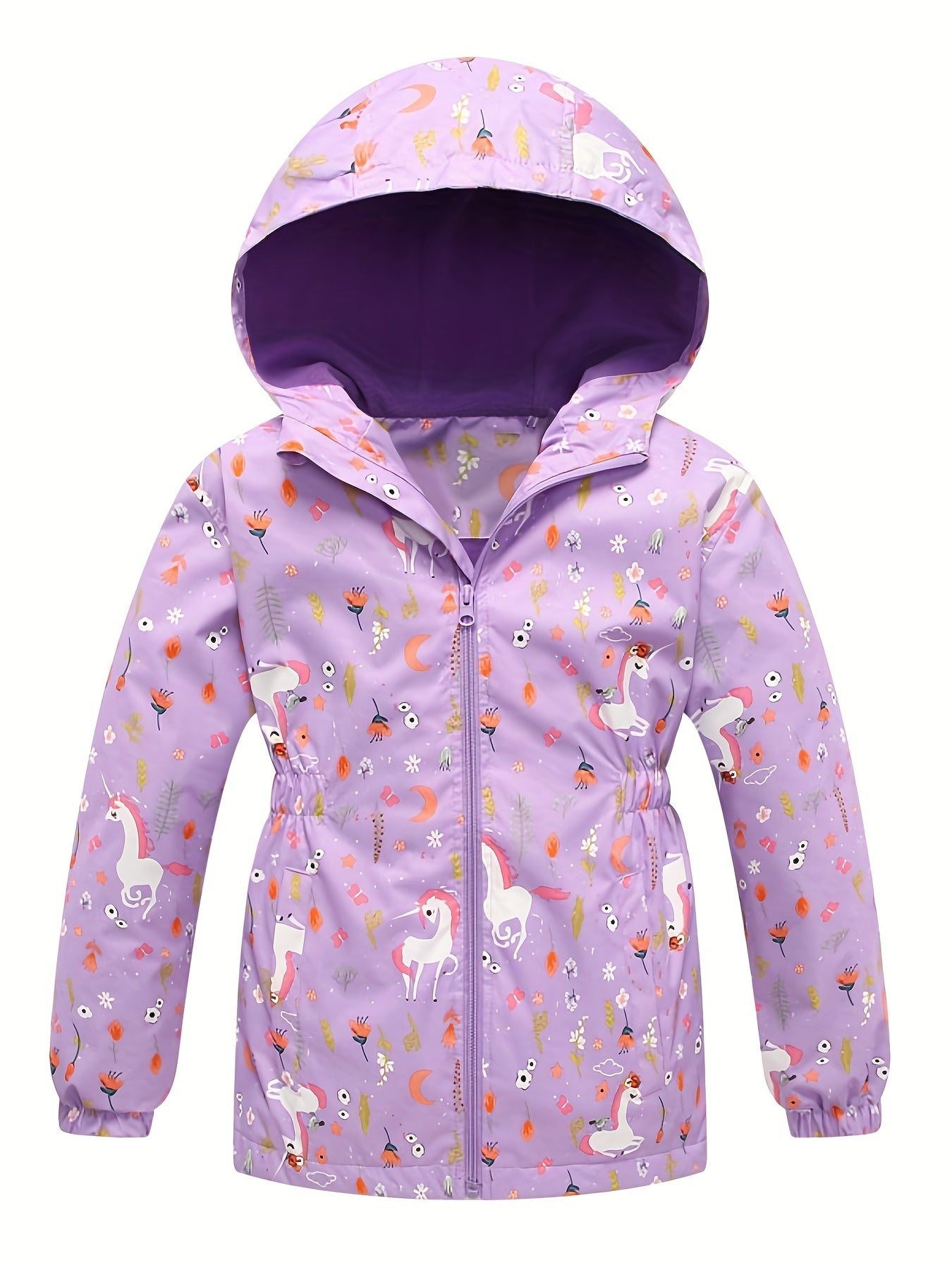 Whimsical Unicorn Graphic Hooded Jacket for Toddler Girls - Waterproof, Windproof, Zipper Coat with Cartoon Design - Perfect for Spring and Casual Outings