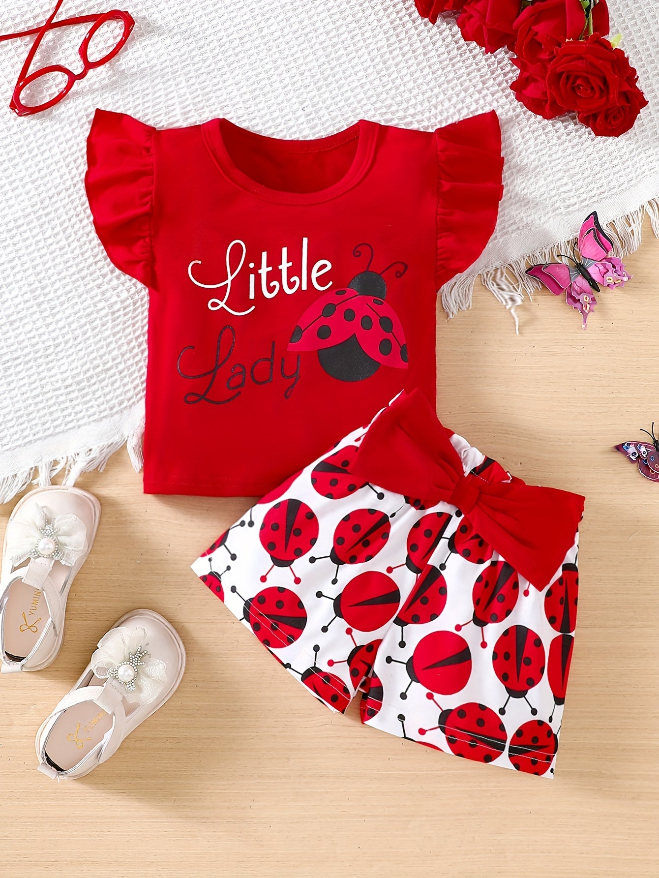 Baby Girl Summer Outfit – Ruffle Sleeve Graphic T-Shirt & Bowknot Ladybug Shorts