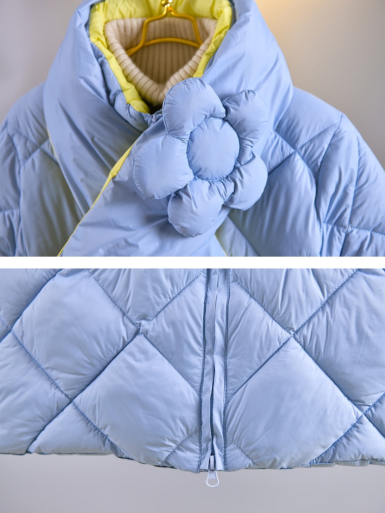 Girls’ Knee-High Puffer Coat with Flower Scarf – Casual Stand Collar, Long Sleeve, Zipper Closure