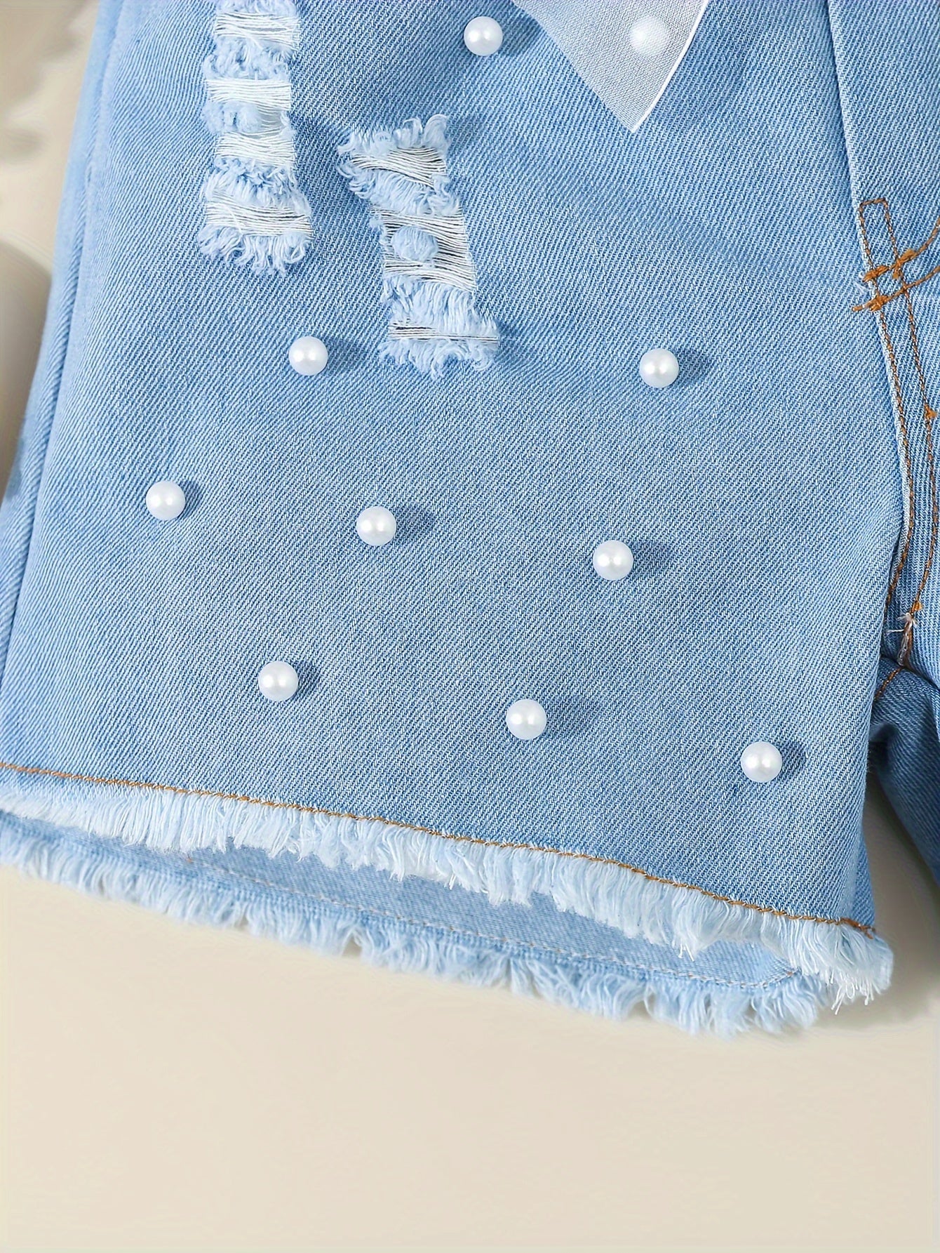 Girl's Outfit Basic Tank Top + Raw Hem Pearls Design Shorts Daily Summer Set, Girls Outdoor Clothes, Gift