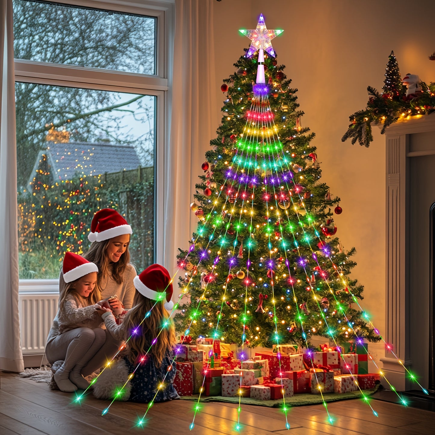 10ft Multicolor Star String Lights with 320 LEDs - Waterfall Christmas Tree Fairy Lights with Star Topper, 8 Lighting Modes for Indoor/Outdoor Holiday Decor, Christmas Decor