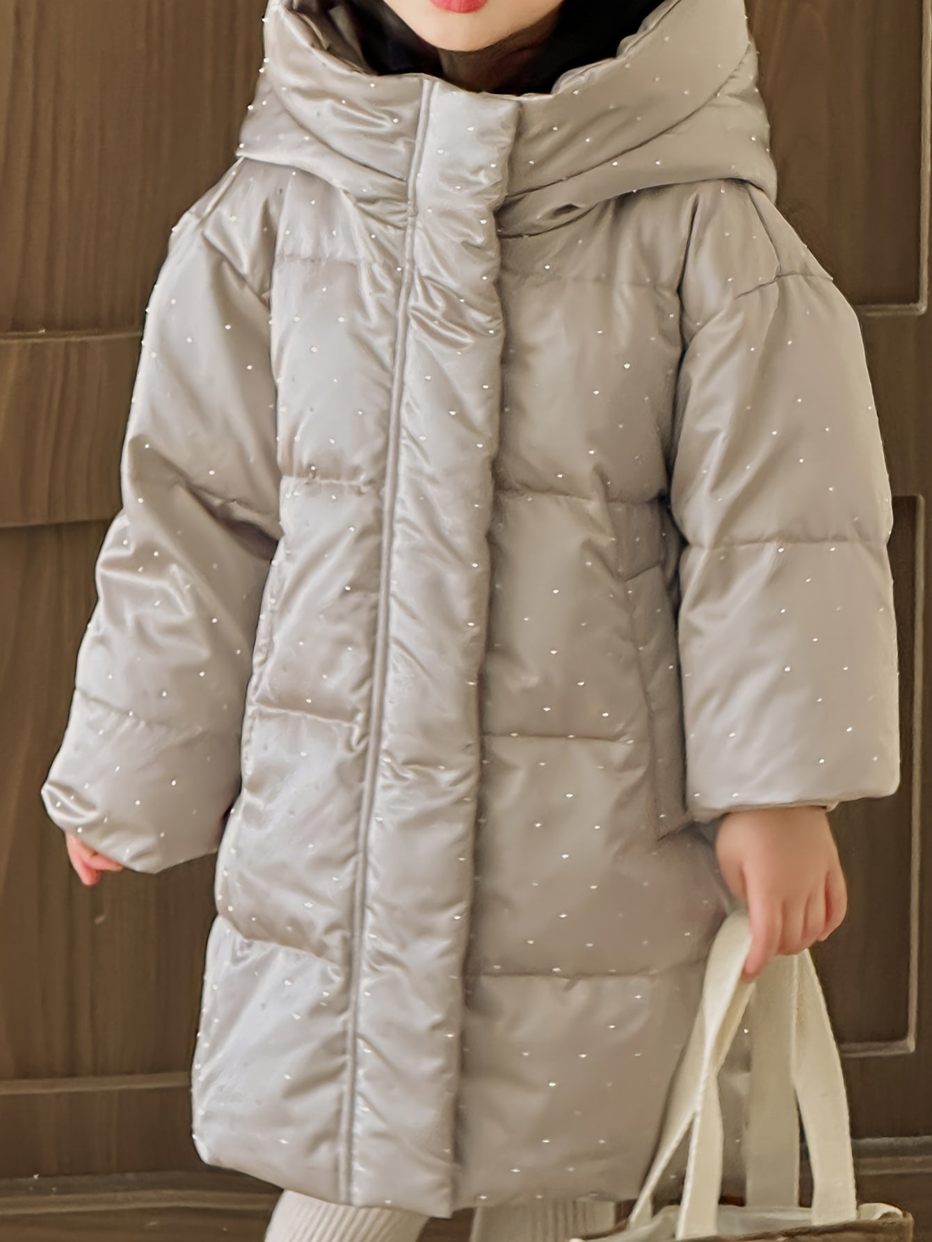 2024 Girls Winter Polka Dots Hooded Down Coat, Mid-Length Long Sleeve Duck Down Filled Casual Warm Outerwear