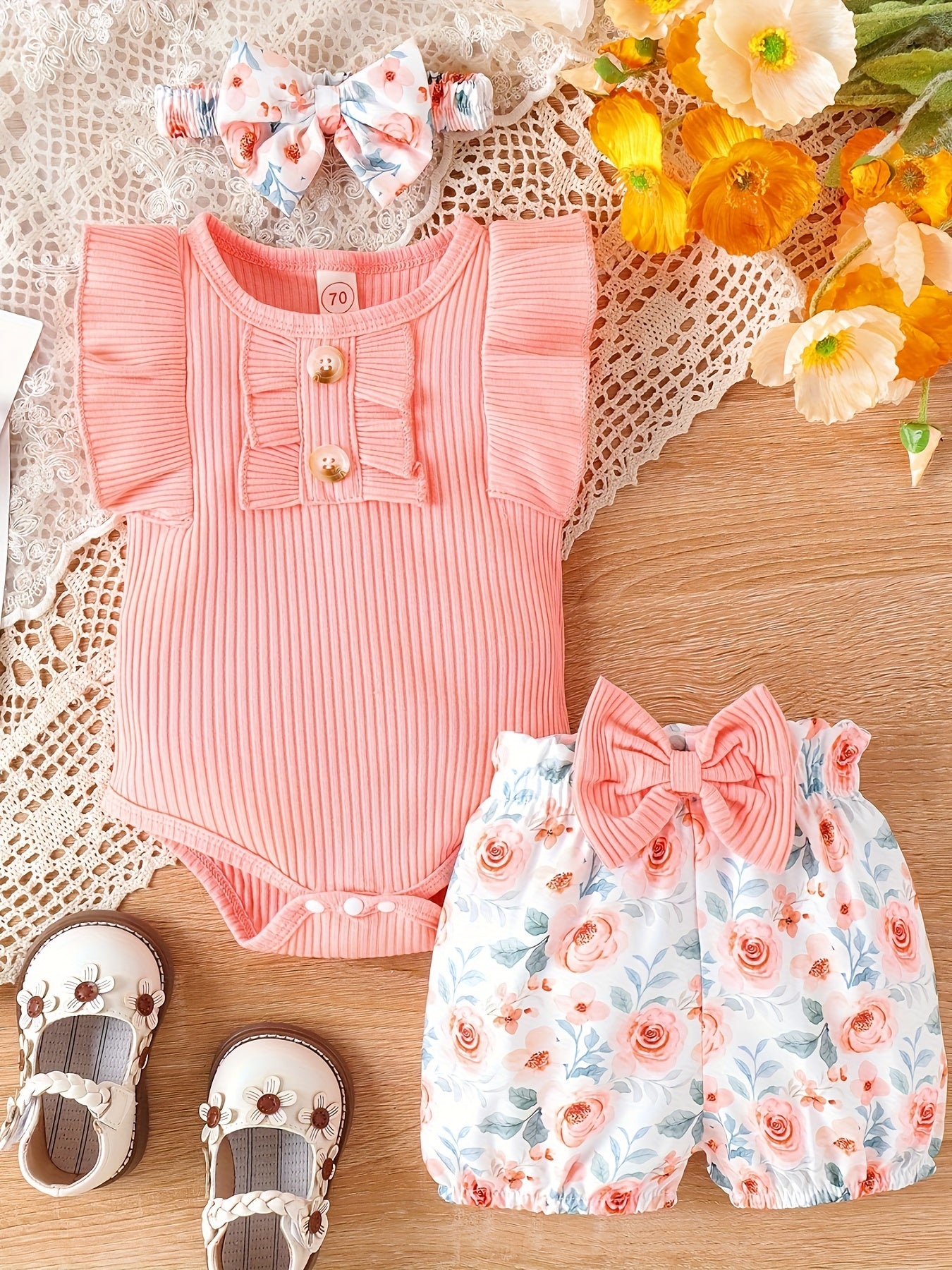 2pcs Infant's Casual Summer Set, Solid Color Ribbed Bodysuit & Floral Pattern Shorts, Baby Girl's Clothes