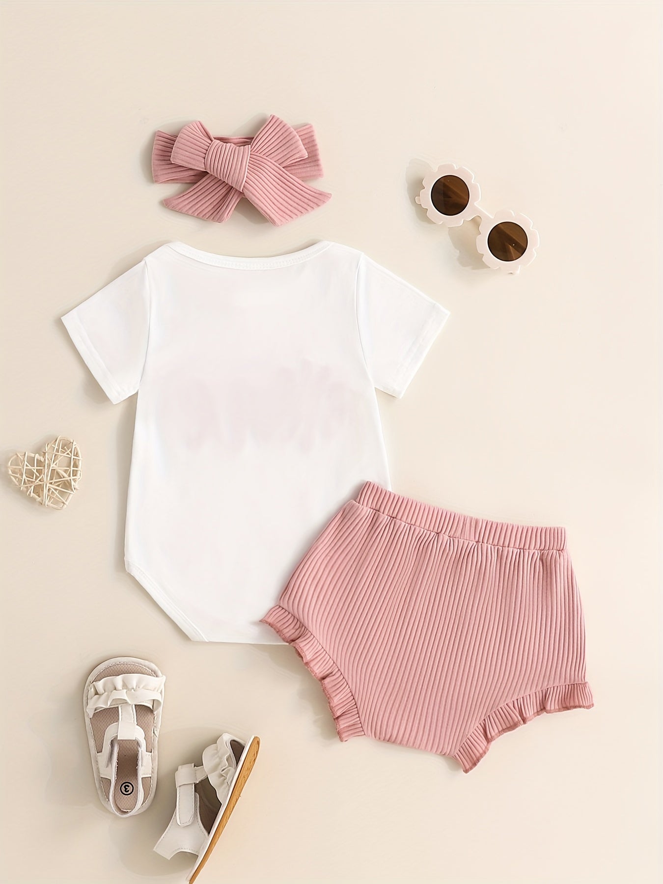 Baby's ONE Flower Embroidered 2pcs Summer Outfit, Cotton Triangle Bodysuit & Ribbed Shorts Set, Toddler & Infant Girl's Clothes For Daily Outdoor/Holiday/Party