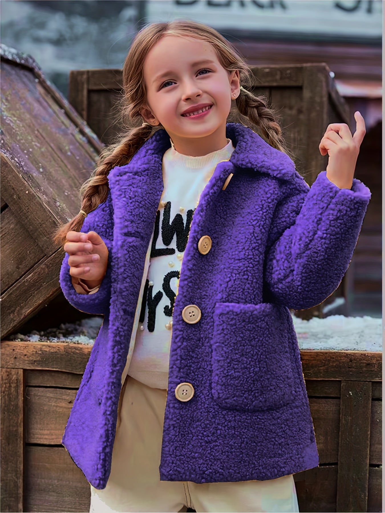 2024 Elegant Shearling Windbreaker Coat - Lapel Collar, Pocket, Slight Stretch, Solid Color, Hand Washable - Winter Thermal Jacket for Girls