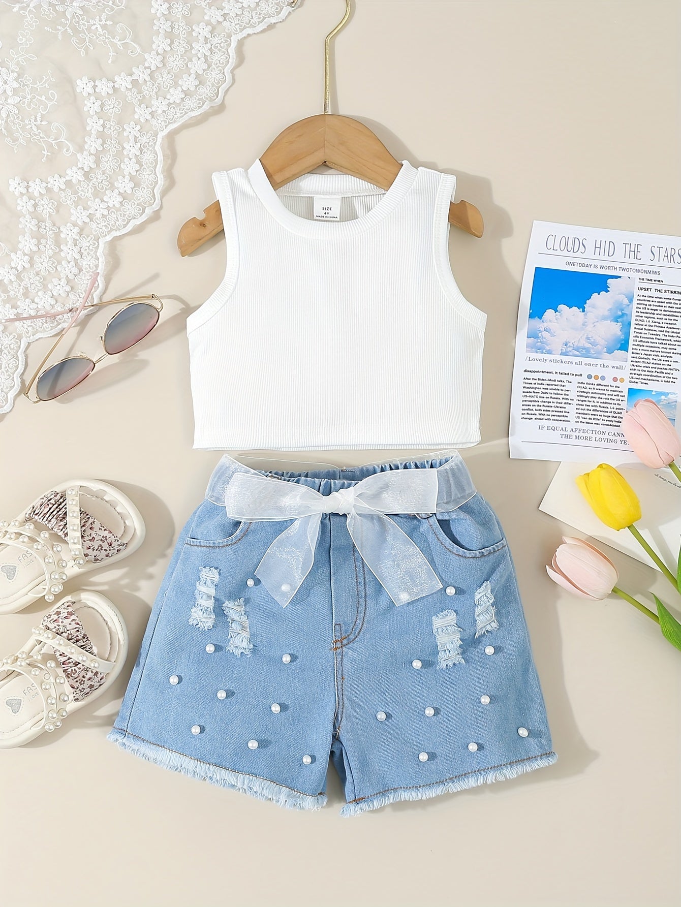 Girl's Outfit Basic Tank Top + Raw Hem Pearls Design Shorts Daily Summer Set, Girls Outdoor Clothes, Gift