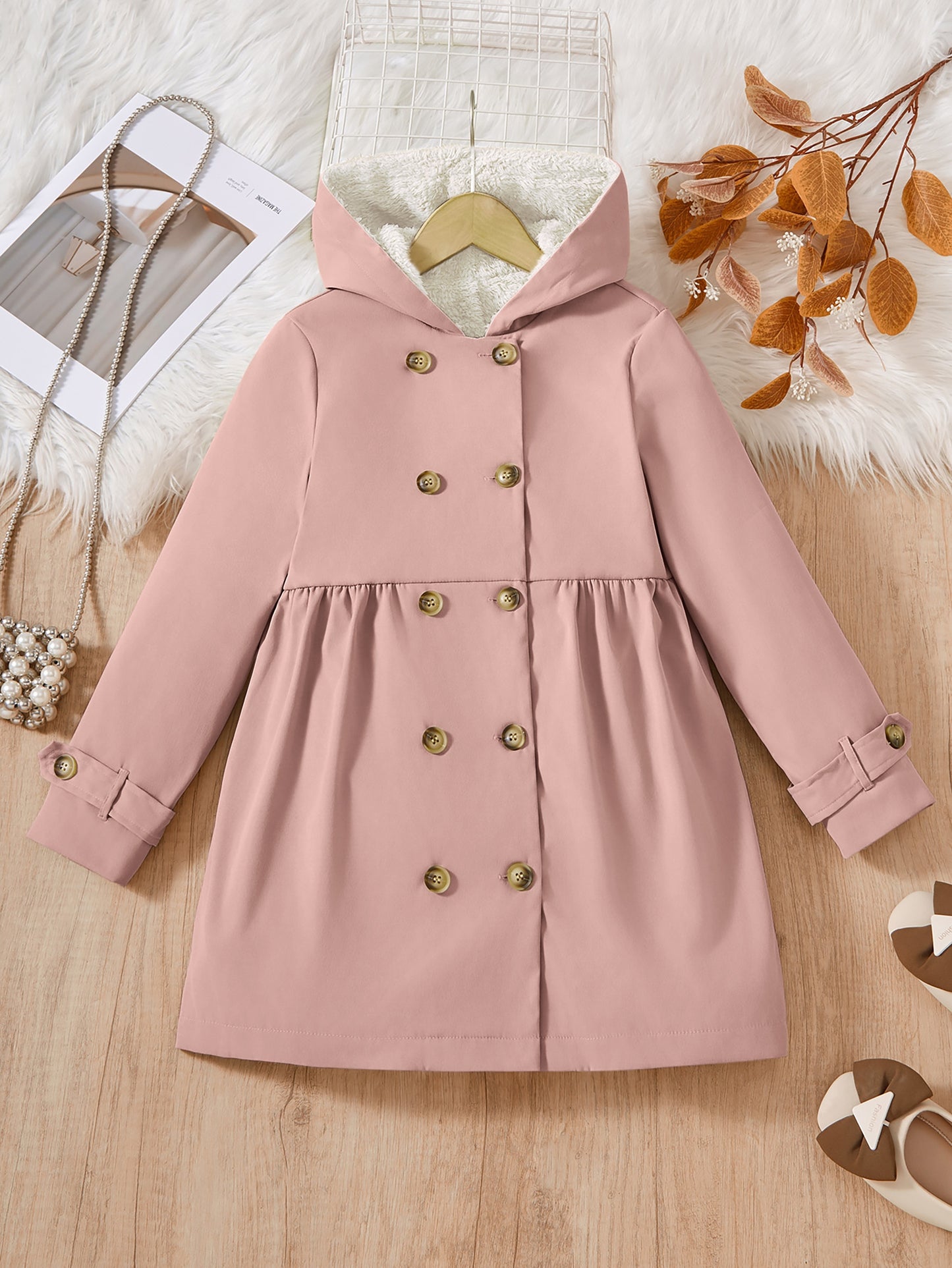 Double-Breasted Coat, Plush, Warm And Comfortable, Hooded Coat (Fake Fur, Plush Lining, Lining Composition 100% Polyester) Autumn And Winter Gift)