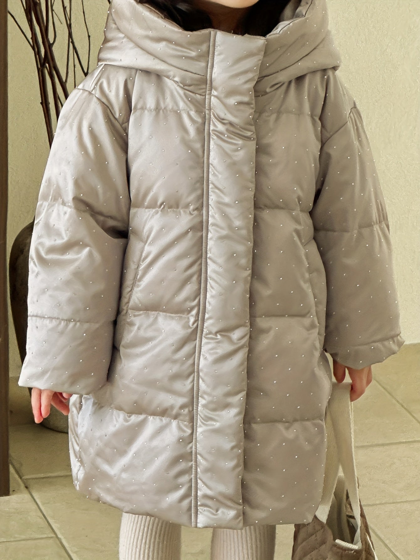 2024 Girls Winter Polka Dots Hooded Down Coat, Mid-Length Long Sleeve Duck Down Filled Casual Warm Outerwear