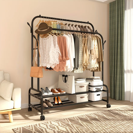 Durable Metal Clothing Rack with Double Rods And Wheels, Featuring Shelves And Hooks, Designed for Heavy-Duty Use to Hang Garments, Versatile Closet Solution for Bedrooms, in Black
