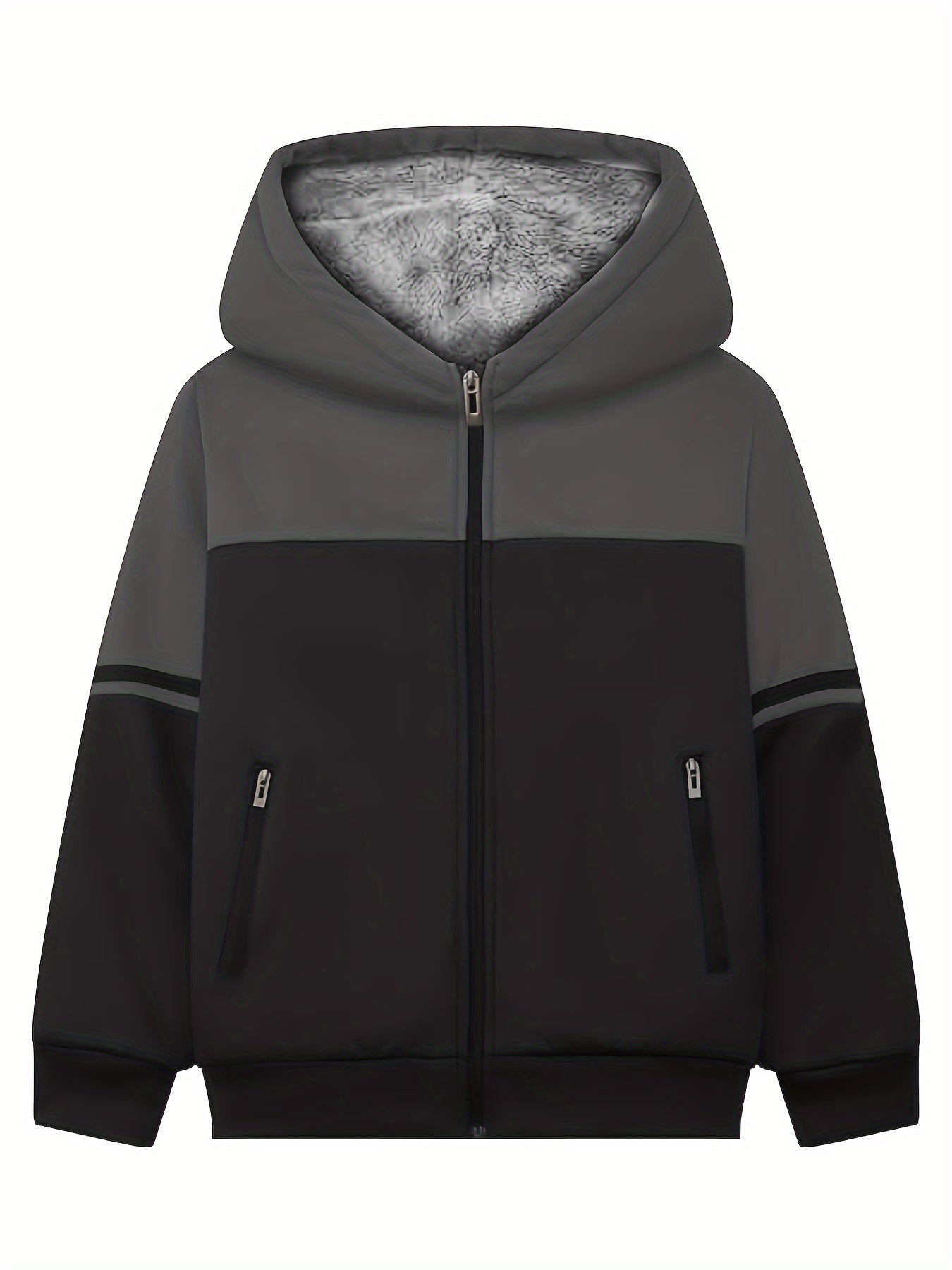 Boy's Warm Fuzzy Lining Hooded Jacket, Color Clash Casual Zip Up Coat