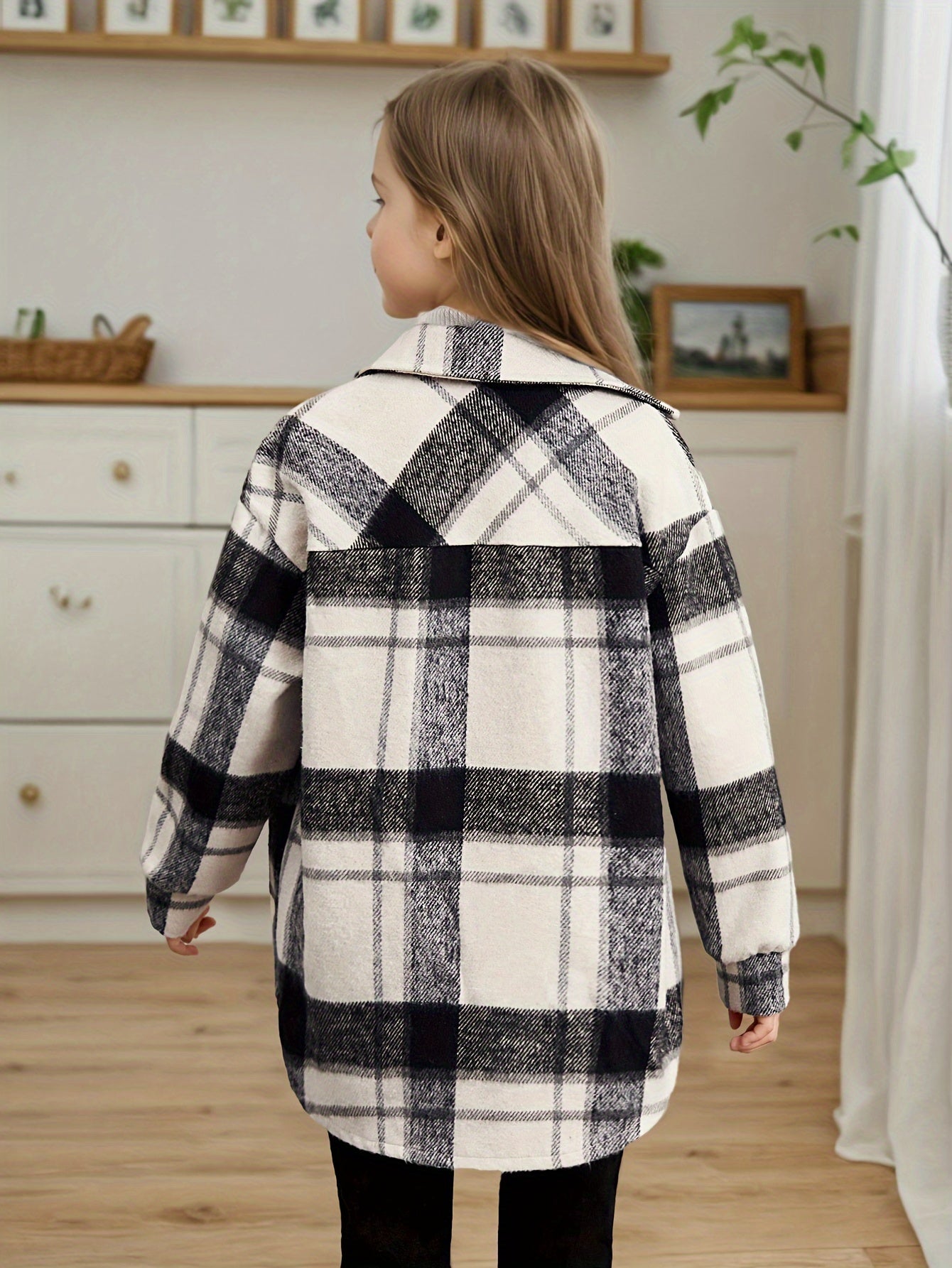 Girls' Fashionable Corduroy Coat - Long Sleeve, Plaid Pattern, Button-Up, Pockets, Water-Resistant, Warm, and Stylish for Spring, Fall, and Winter Outdoor Activities