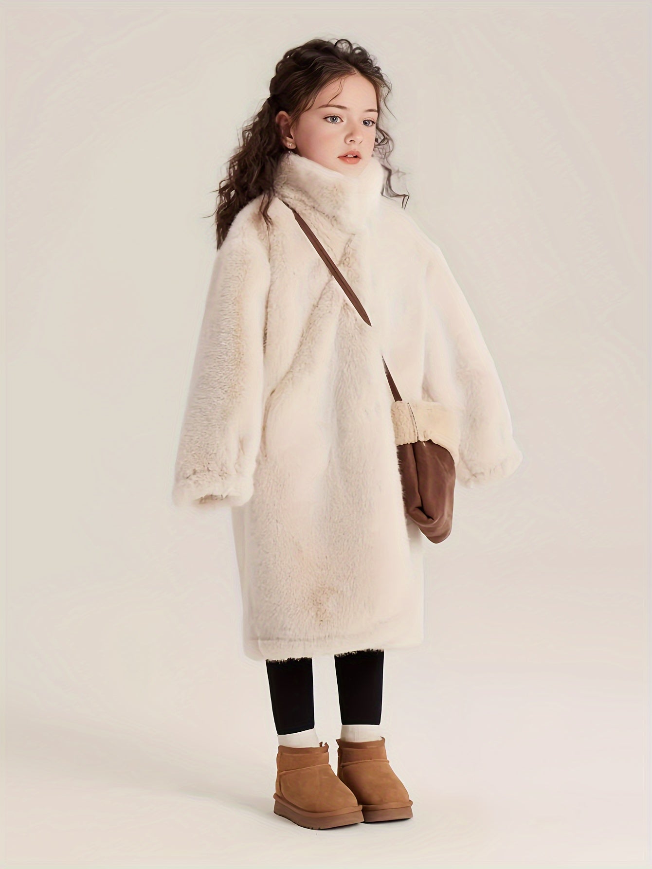2024 Elegant Girls' Long Plush Coat - Warm, Thick Winter Jacket with Button Front & Round Neck, Perfect for Casual Outings