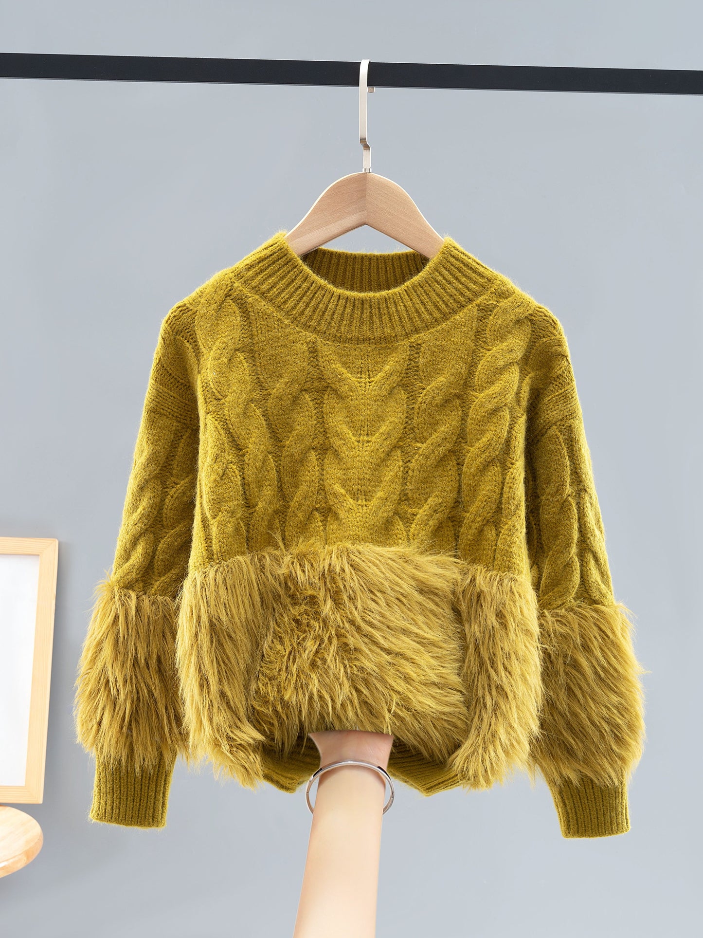 Chic Girls' Faux Mink Knit Sweater - Cozy & Stretchy, Machine Washable, Round Neck for Fall/Winter