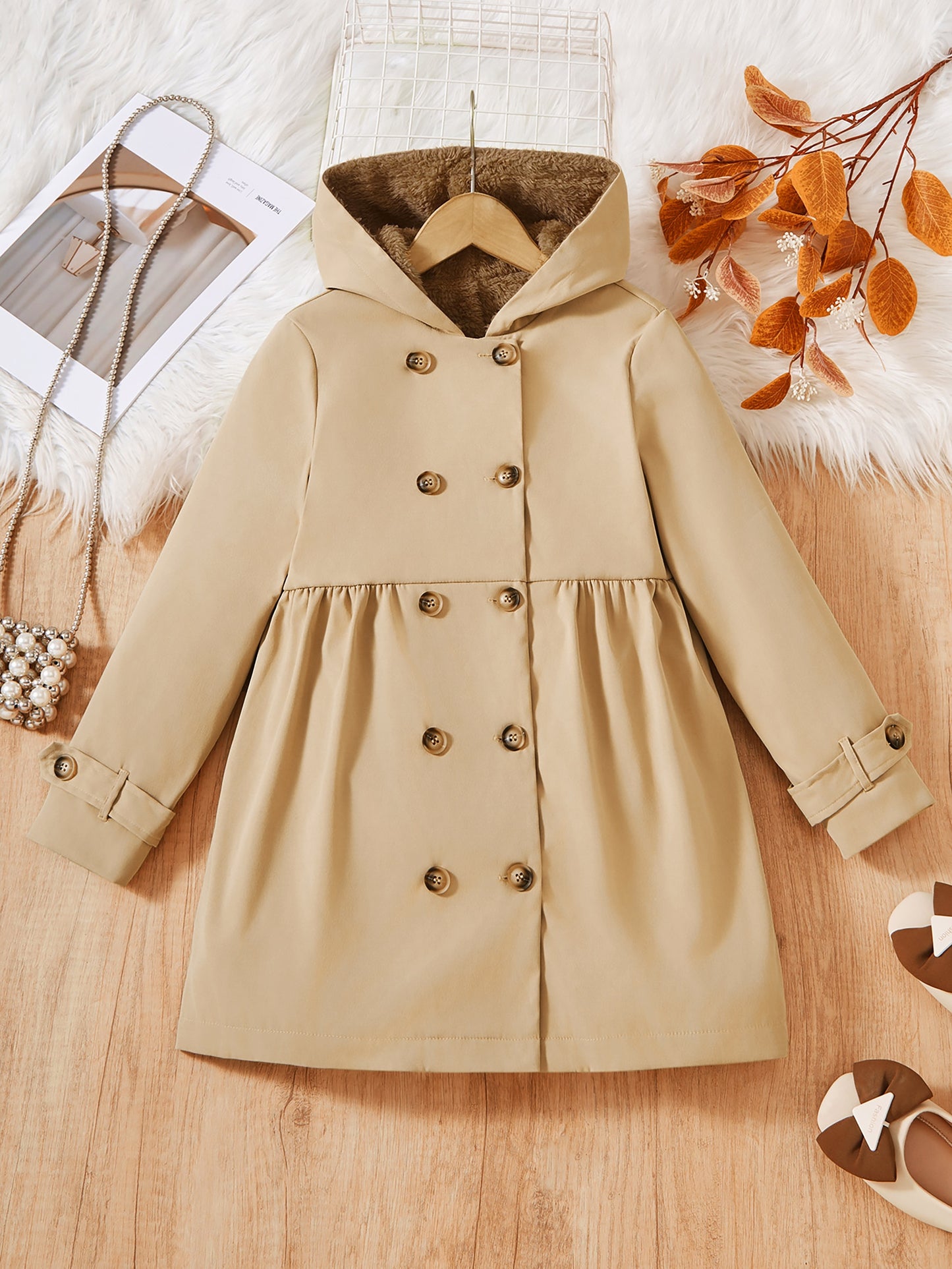 Double-Breasted Coat, Plush, Warm And Comfortable, Hooded Coat (Fake Fur, Plush Lining, Lining Composition 100% Polyester) Autumn And Winter Gift)