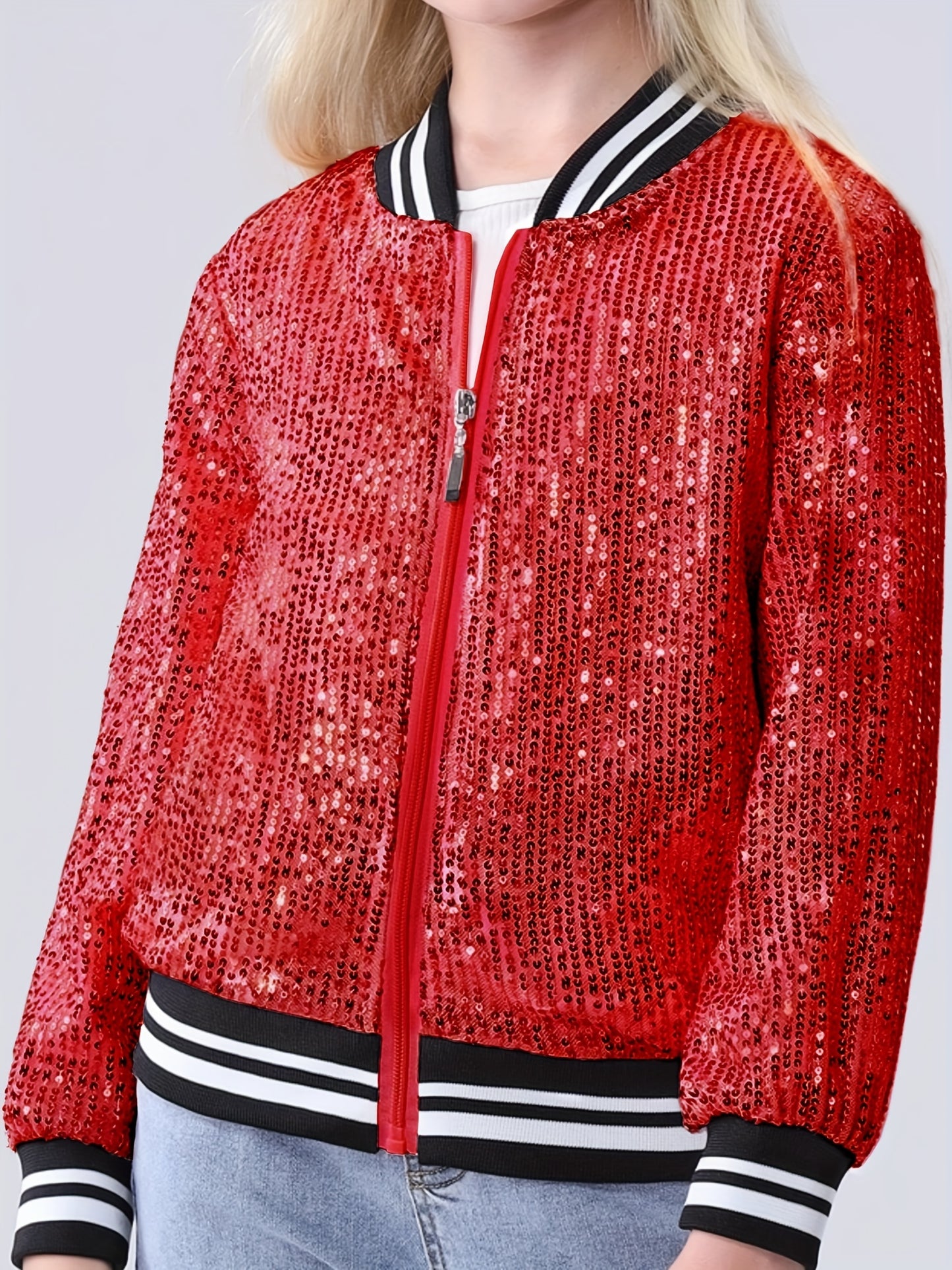 Sparkling Mebius Girls' Sequin Jacket - Long Sleeve Lightweight Zipper Bomber Jacket with Pockets for Kids 6-12 Years Old - Outerwear for School and Casual Wear