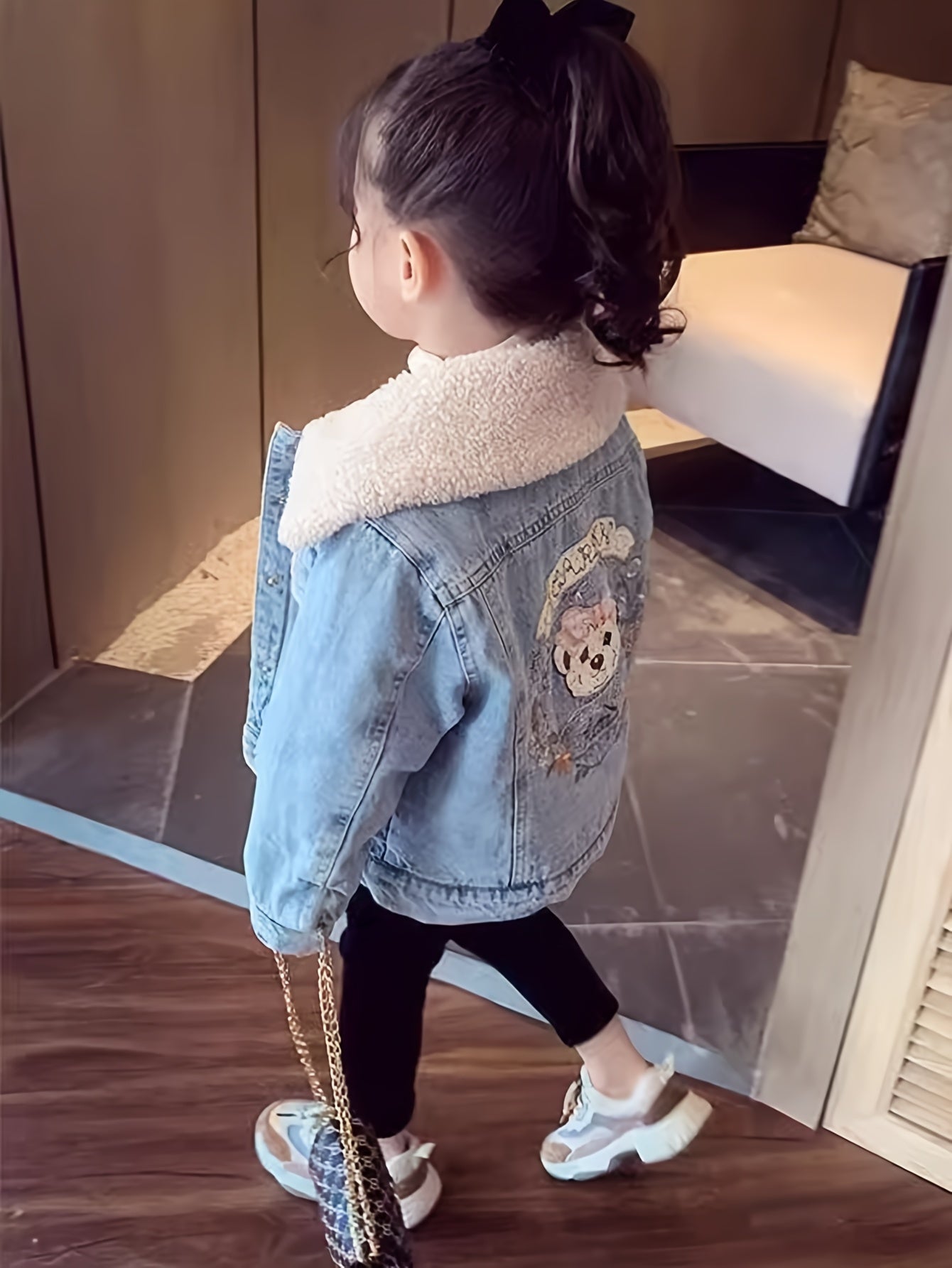 Cute Thick Warm Denim Jacket For Girls With Fleece Collar, Cartoon Back Pattern Thermal Winter Coat