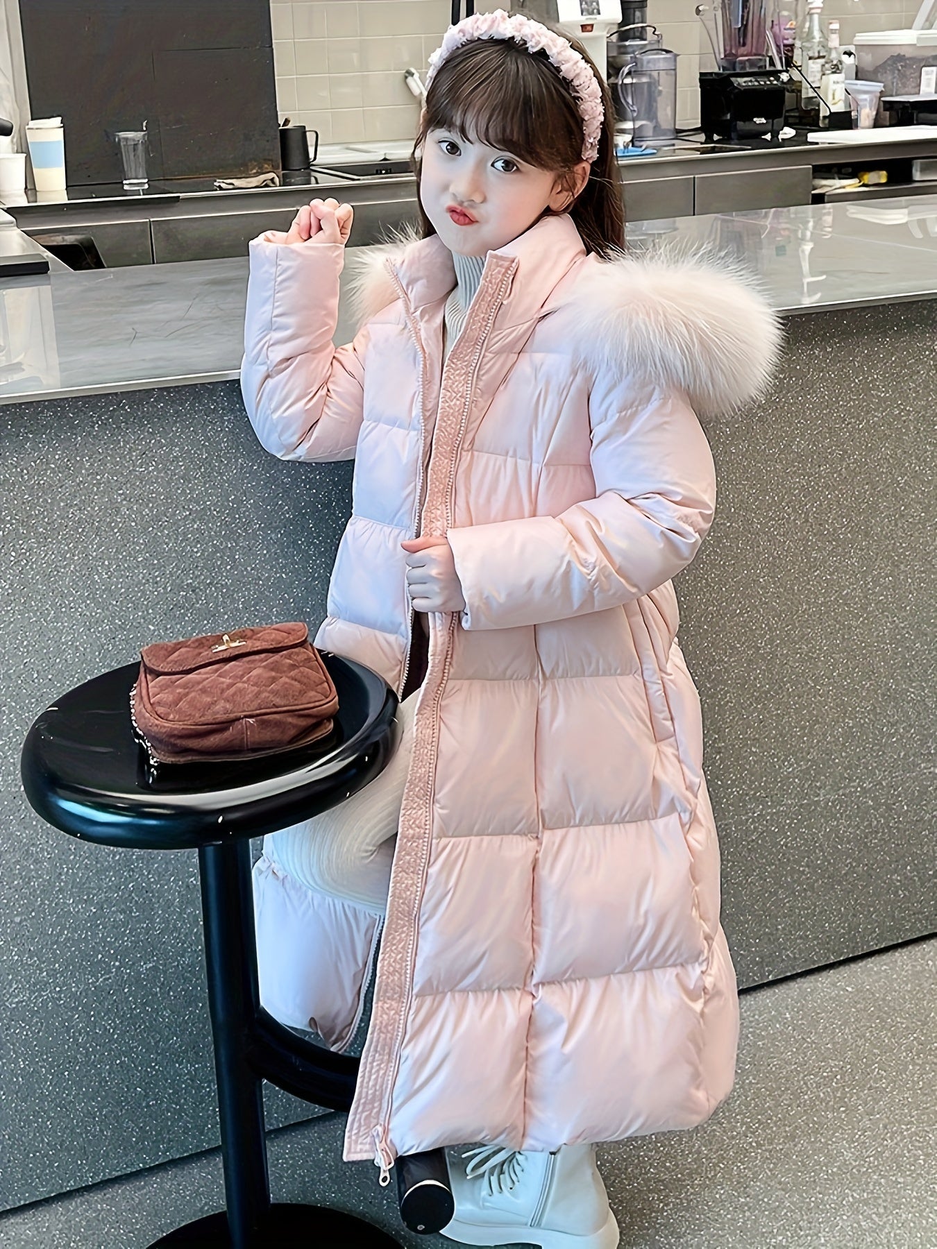 Elegant Long-Length Hooded Parka for Girls, Winter Slim Fit Puffer Coat with Belt, 100% Polyester Composition, Non-Stretch Solid Color with Flared Hem, Regular Sleeve