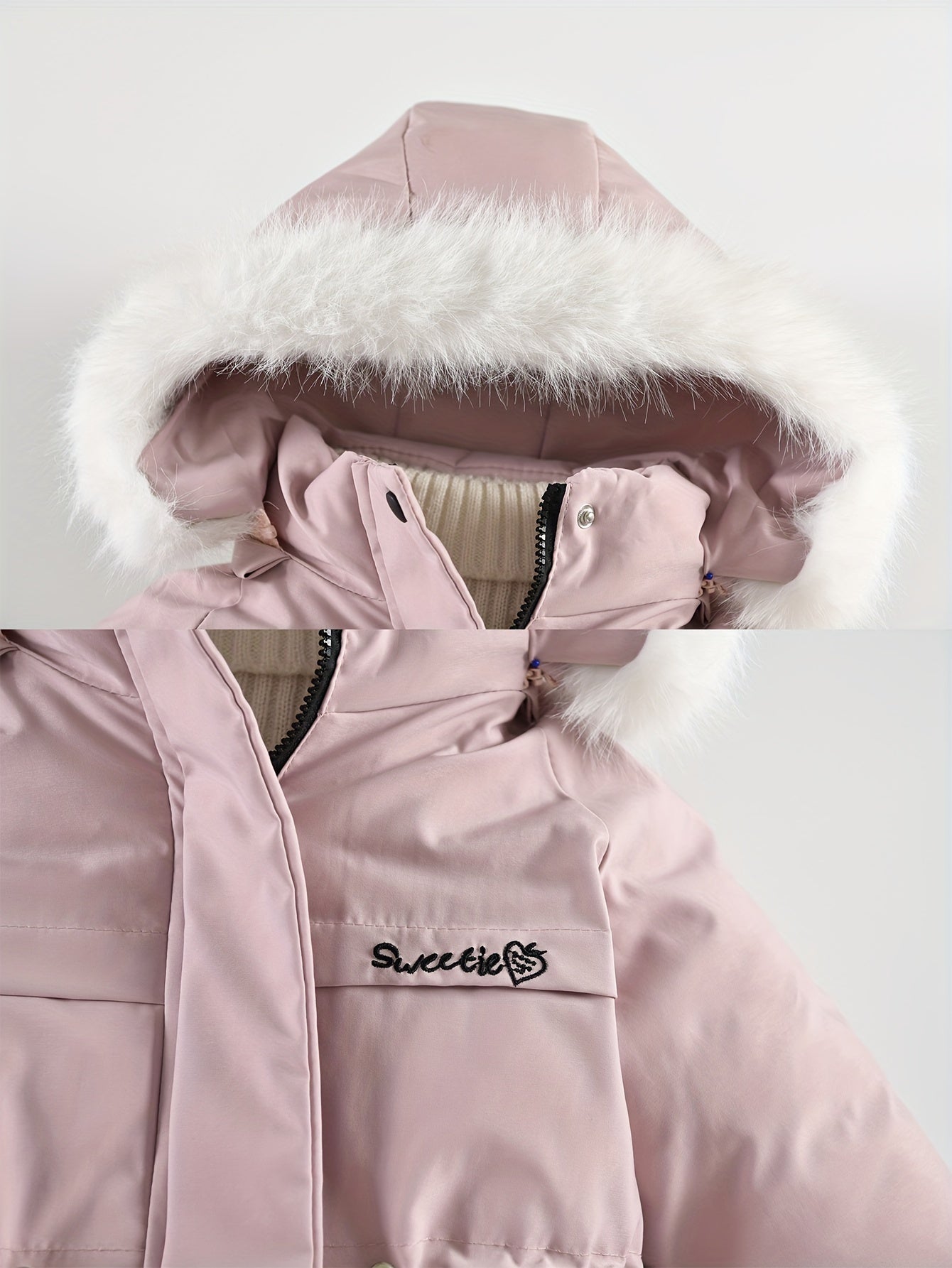 Snowy Playtime, Cozy & Stylish Girls' Winter Parka - Thick Fleece-Lined Hooded Jacket with Embroidery, Long Sleeves for Outdoor Fun