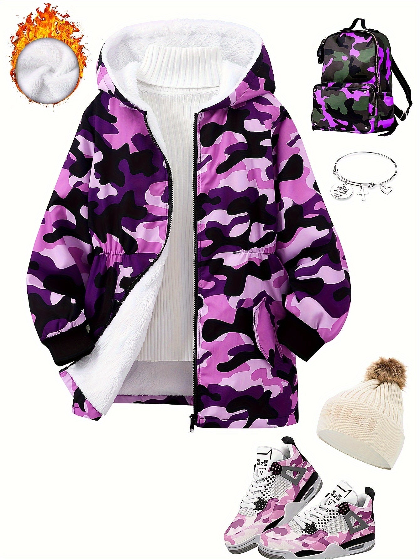 Girl's Camouflage Long Sleeve Hooded Jacket, Cute Trendy Versatile Fleece Lining Windproof Coat For Winter And Autumn
