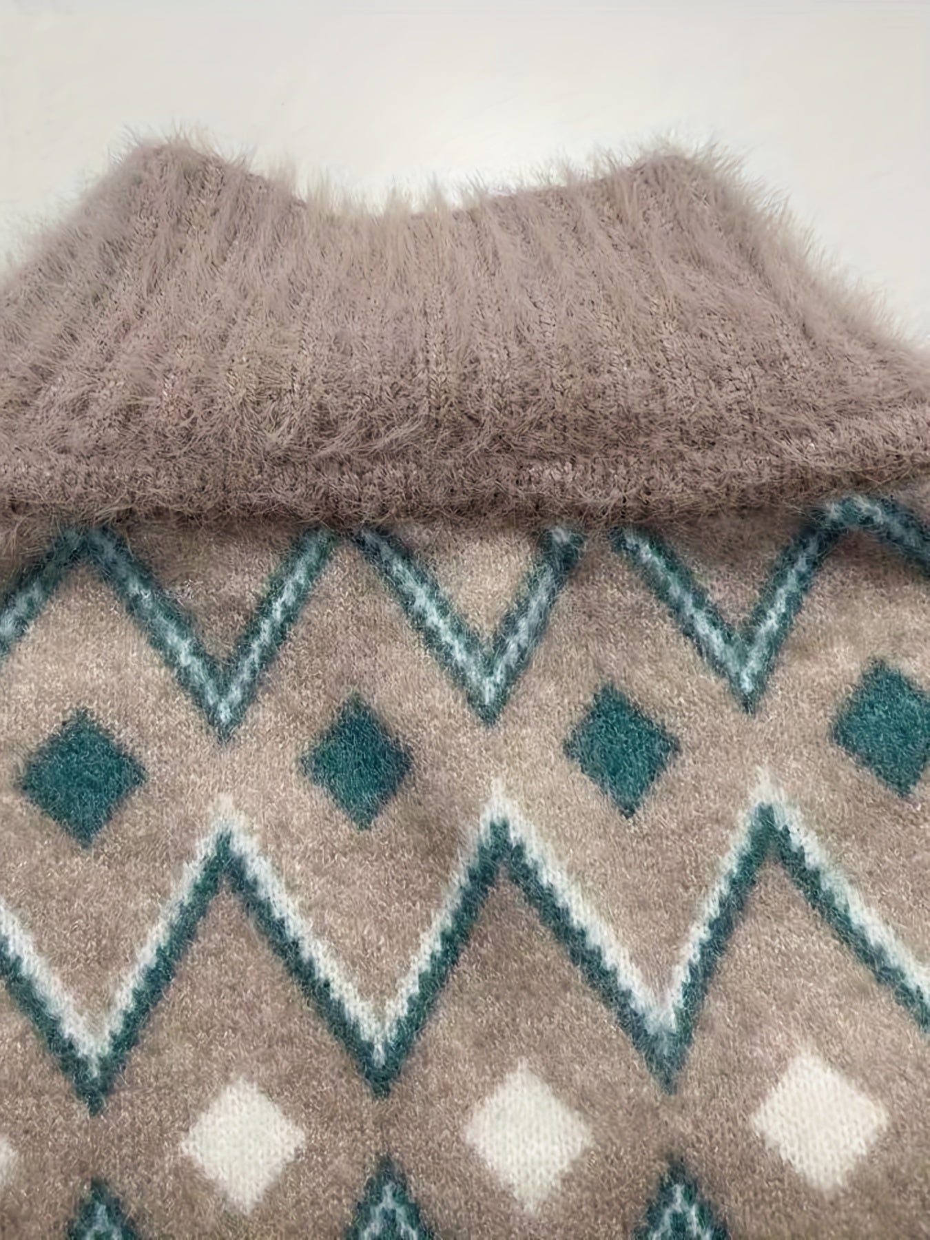 Thermal Stylish Argyle Knitted Sweater For Girls, Soft Fluffy Long Sleeve Mock Neck Jumper Top