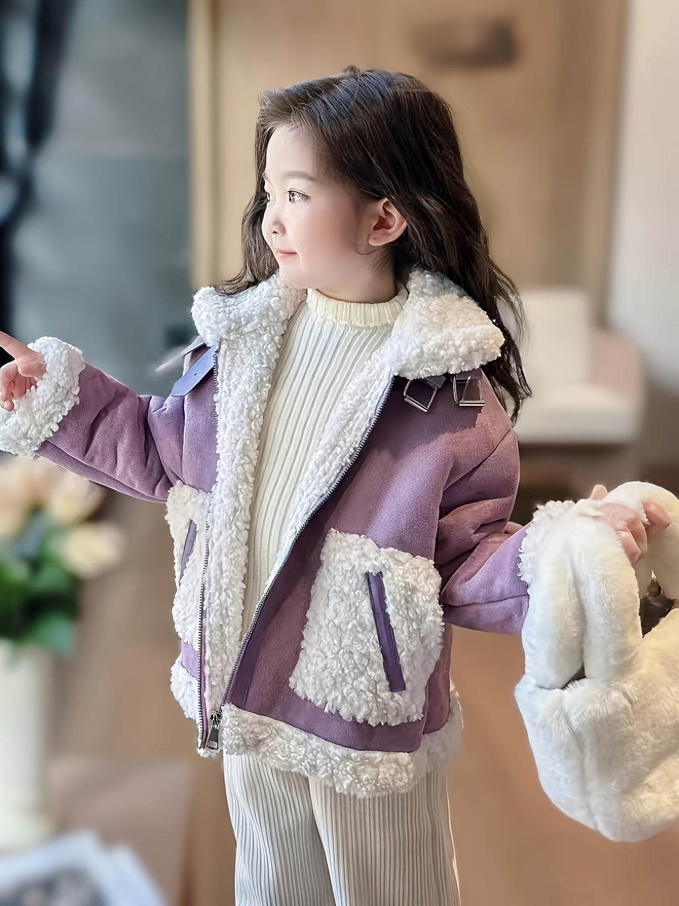 Chic Girls' Faux Fur-Lined Winter Coat - Warm, Machine Washable with Pockets for Fall/Winter