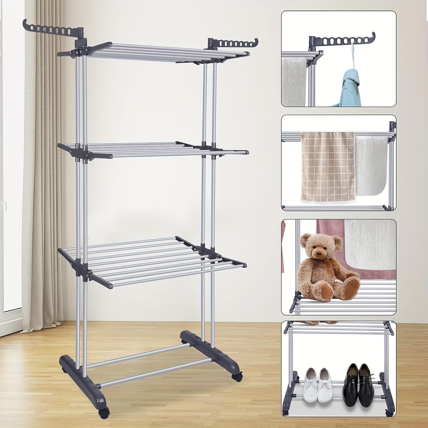 4-Tier Large Clothes Drying Rack - Foldable Frame with Smooth Rolling Casters - Holds 30+ Garments & Adjustable Shelf Heights - Sturdy Metal Laundry Organizer for Small Spaces, Bathroom, Nursery, Drying Racks