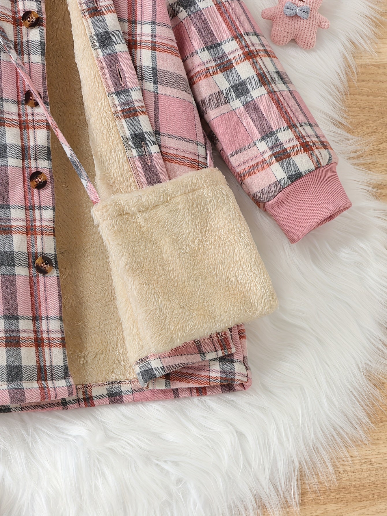 Thick Plush Liner Girls Winter Jacket & Bag, Warm Button Up Long Cardigan Hooded Coats For Autumn And Winter