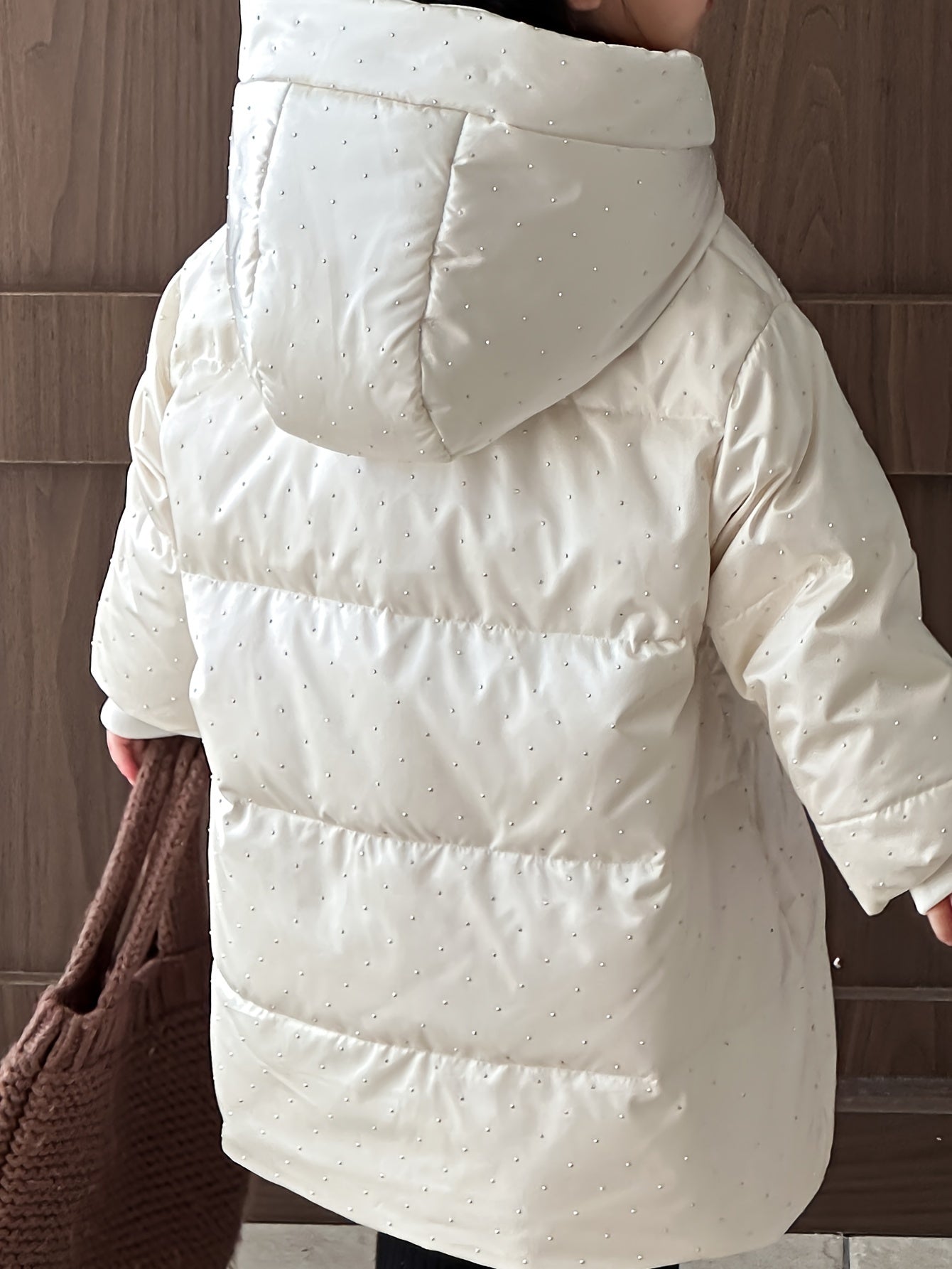 2024 Girls Winter Polka Dots Hooded Down Coat, Mid-Length Long Sleeve Duck Down Filled Casual Warm Outerwear