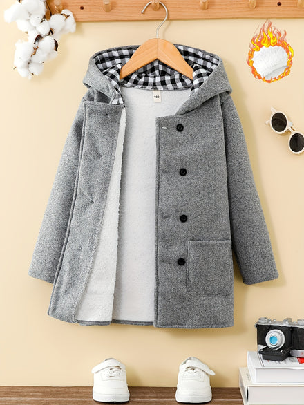 Boys' Cozy Fleece Hooded Jacket with Dual Pockets - Solid Gray, Casual Style for Fall/Winter — view 1 of kids' clothing