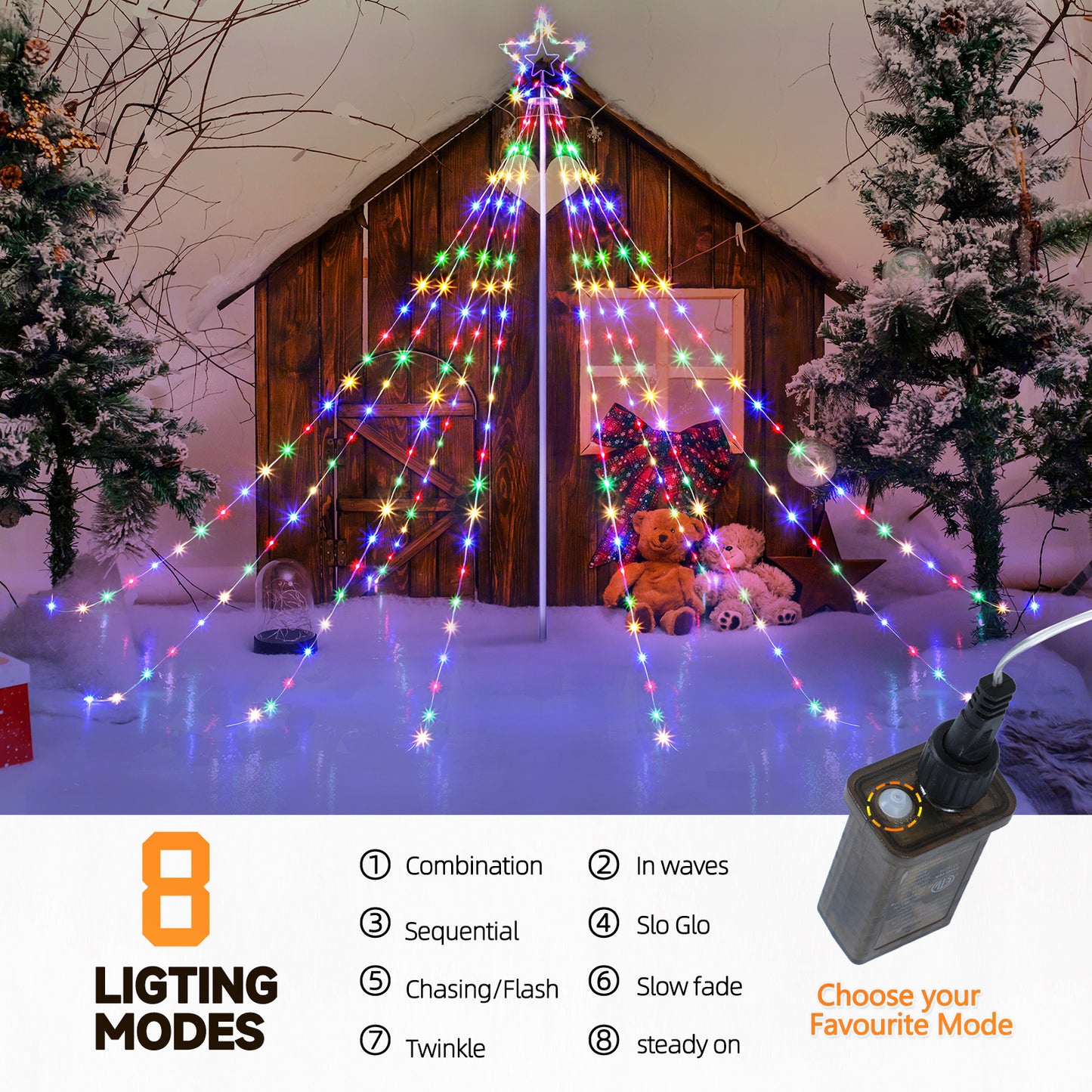 320 LED Waterfall String Lights – 7.8Ft with Star Topper, 8 Modes, 110V US Plug, Outdoor & Indoor Holiday Decor
