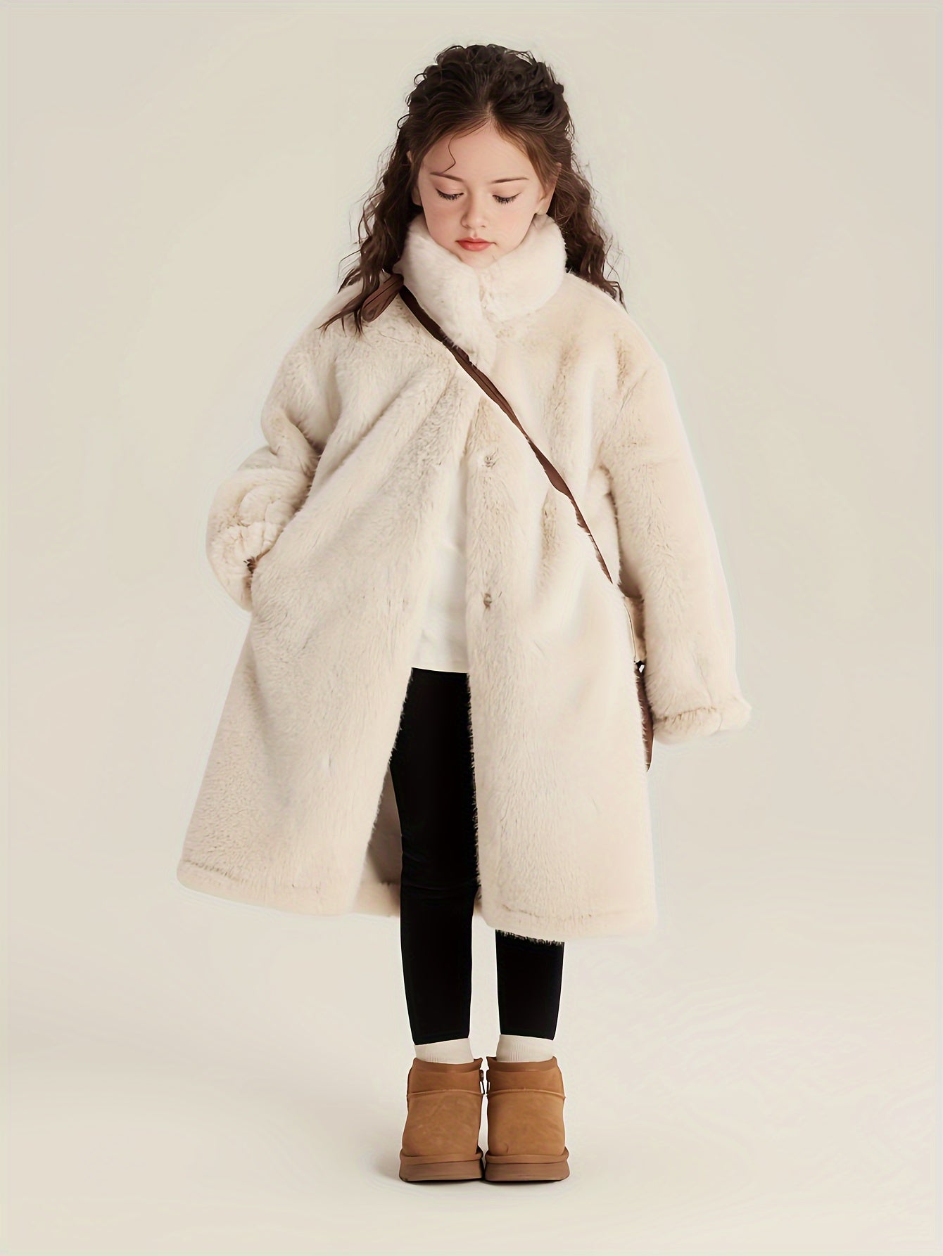 2024 Elegant Girls' Long Plush Coat - Warm, Thick Winter Jacket with Button Front & Round Neck, Perfect for Casual Outings