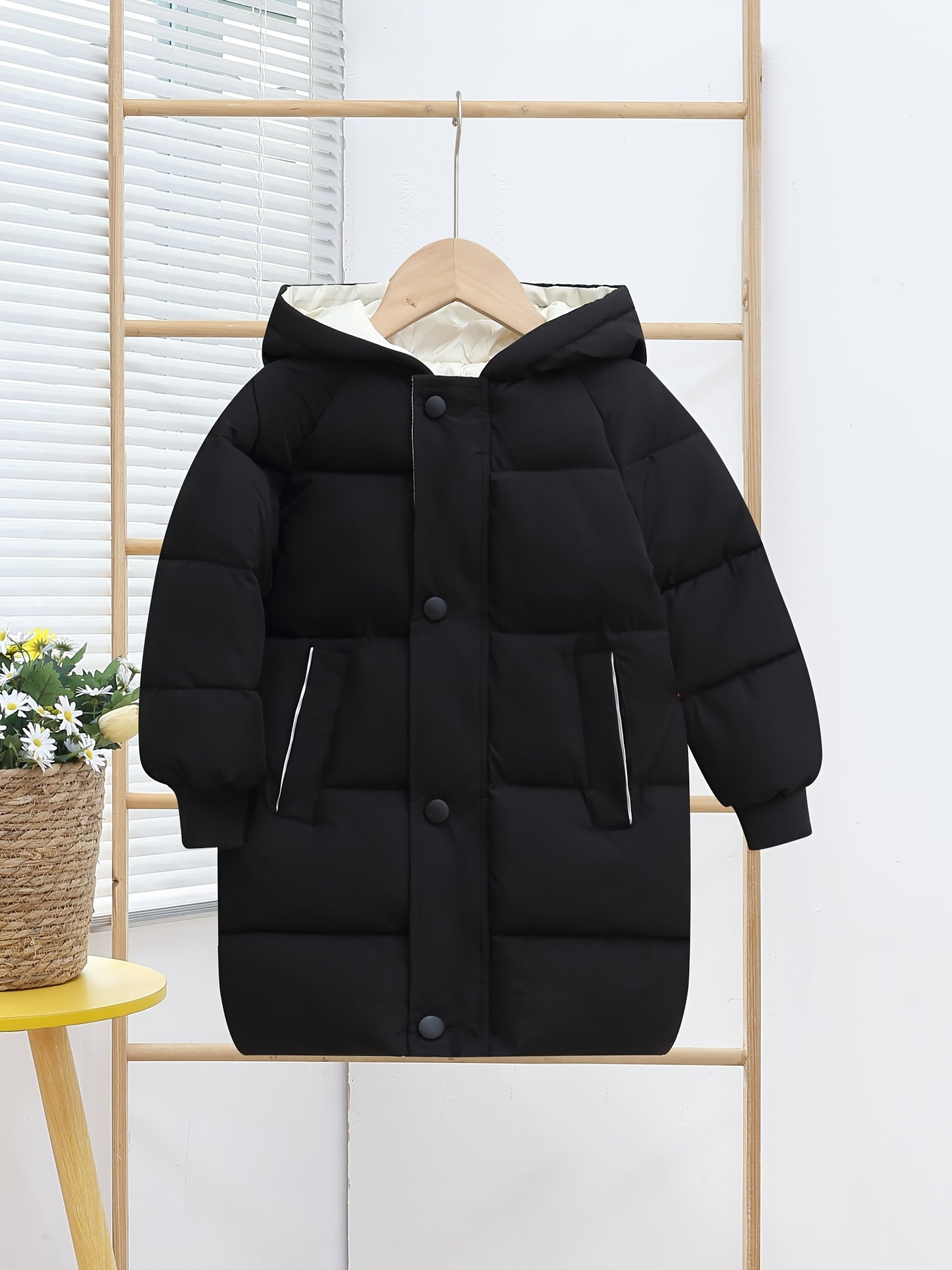 Kids Puffer Coat, Unisex Hooded Winter Jacket, Long Sleeve, Solid Color, Casual Style, Polyester Fleece Lining, Regular Fit, Zipper Closure, for Boys and Girls, Ski Jacket