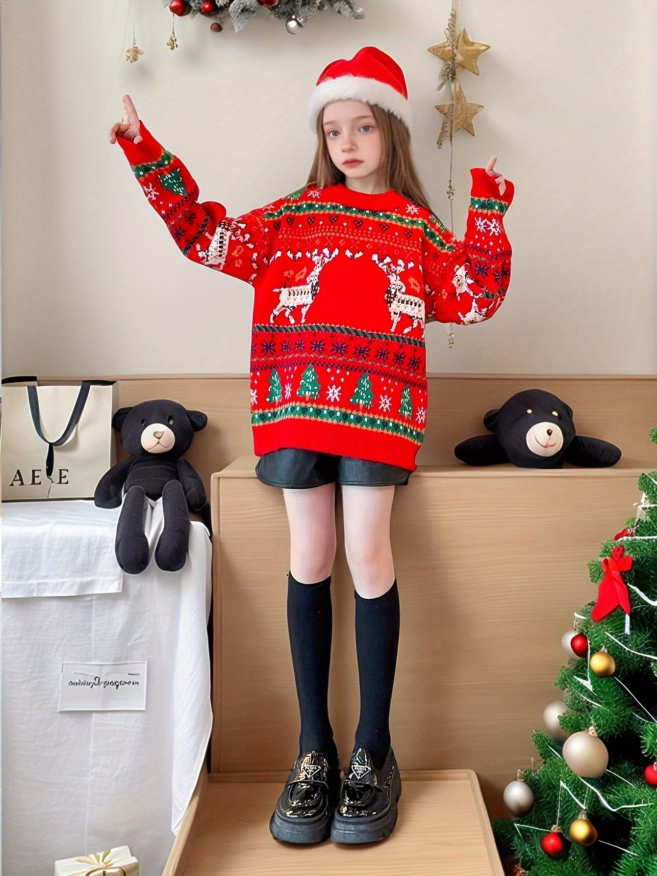 2025 Kids’ Reindeer Knit Sweater – Cute Long Sleeve Crew Neck Pullover for Girls