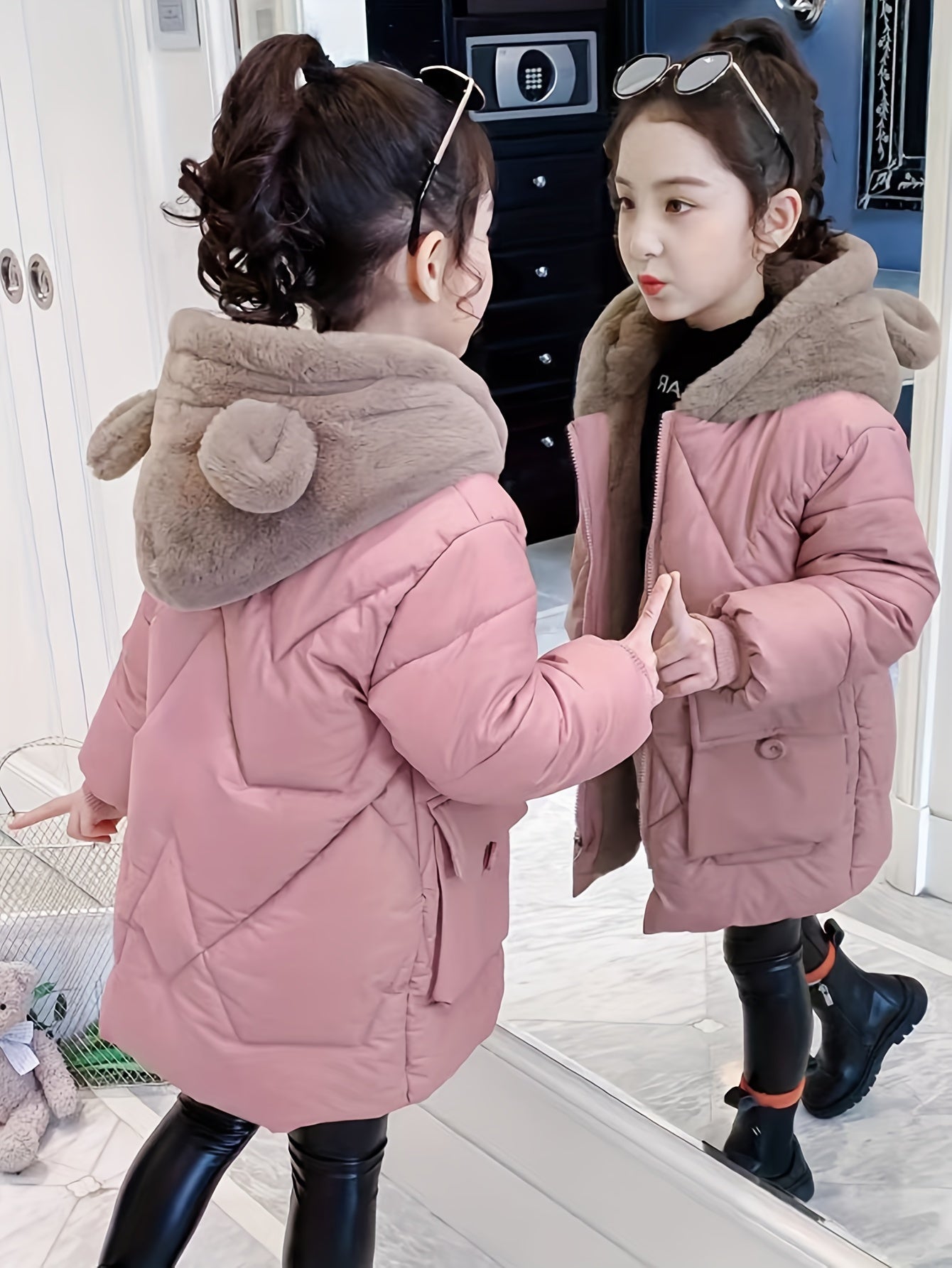 Girls’ Winter Cotton Jacket with Teddy Bear Ears – Hooded Mid-Length Pink Coat