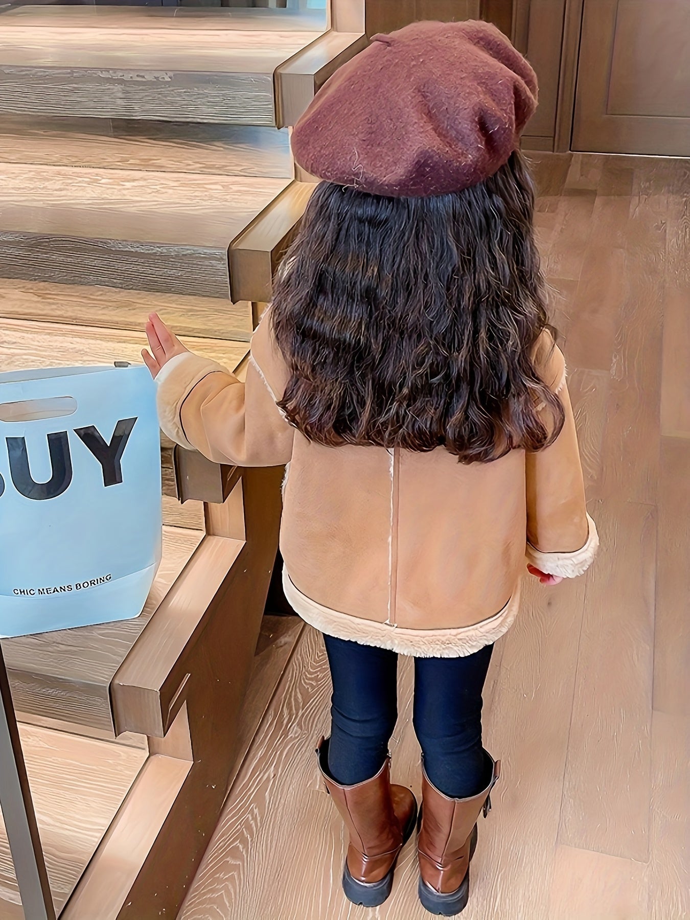 Snug Warmth, Chic Girls' Fleece-Lined Winter Coat - Cotton Blend, High Neck, Embroidered Details, Perfect for Fall/Winter