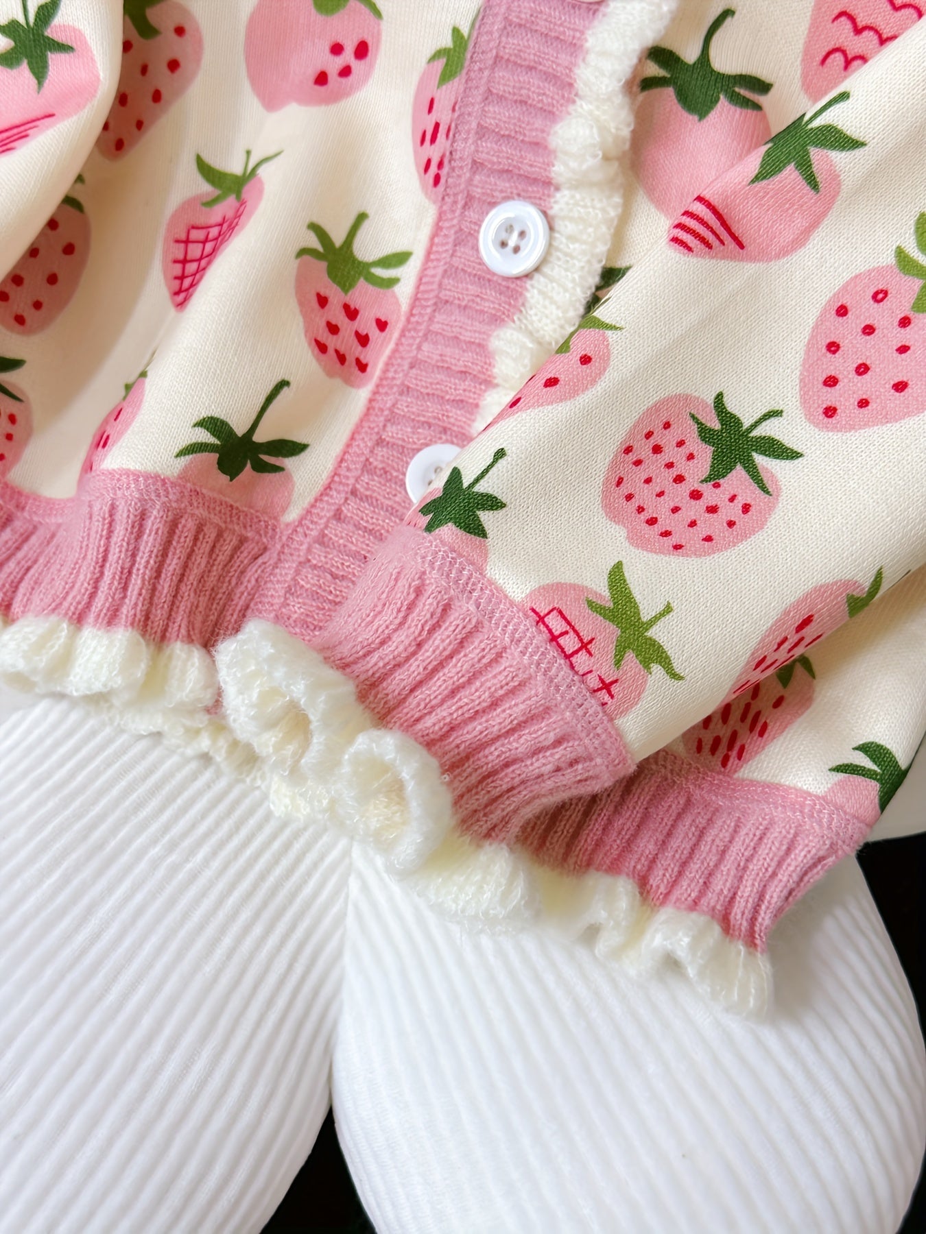 Girls Thermal Comfy Strawberry Print Knit Cardigan - Elegant V-Neck Long Sleeve Button-Down Sweater For Autumn/Winter